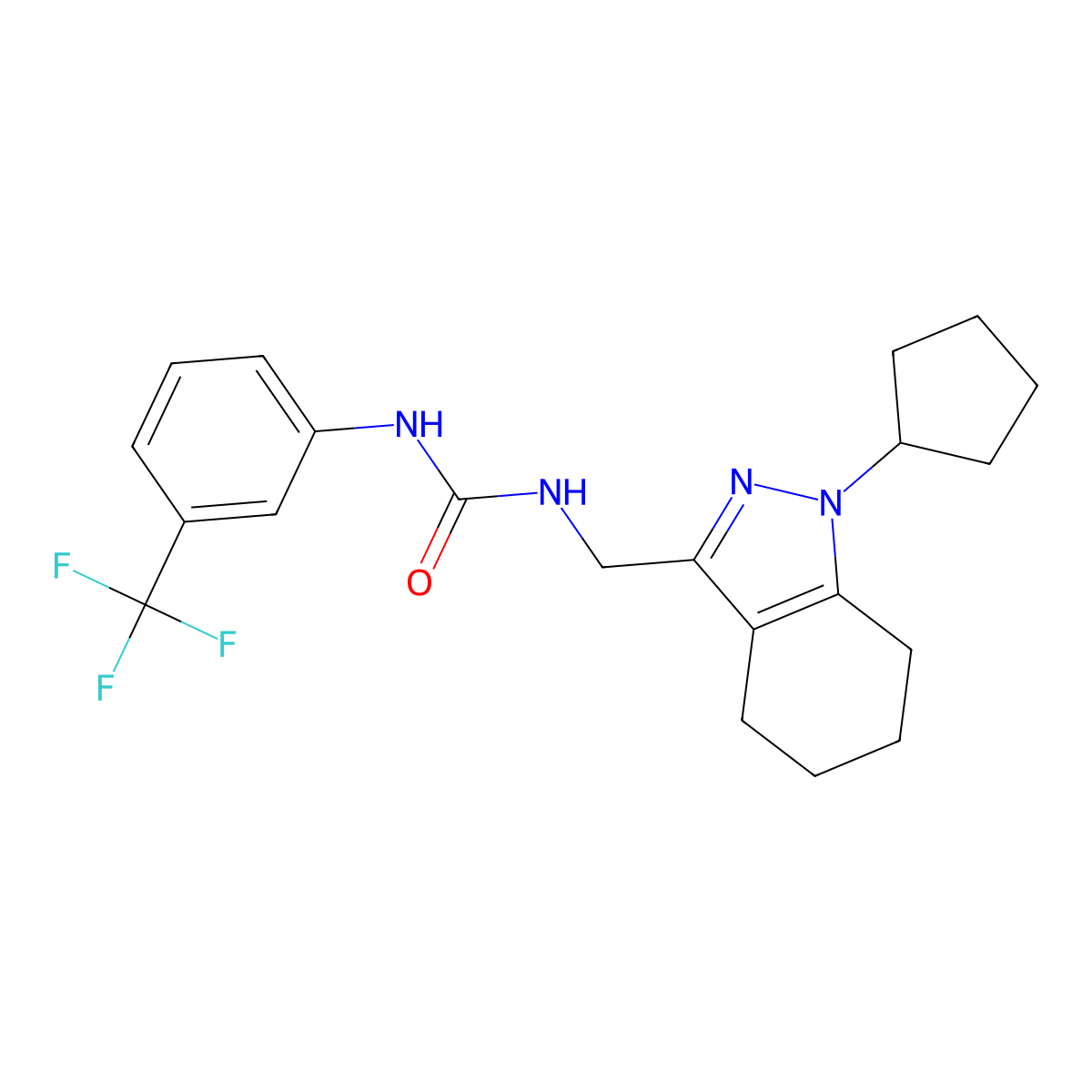 1-((1-cyclopentyl-4,5,6,7-tetrahydro-1H-indazol-3-yl)methyl)-3-(3-(trifluoromethyl)phenyl)urea molecular structure, CAS 1448066-52-1