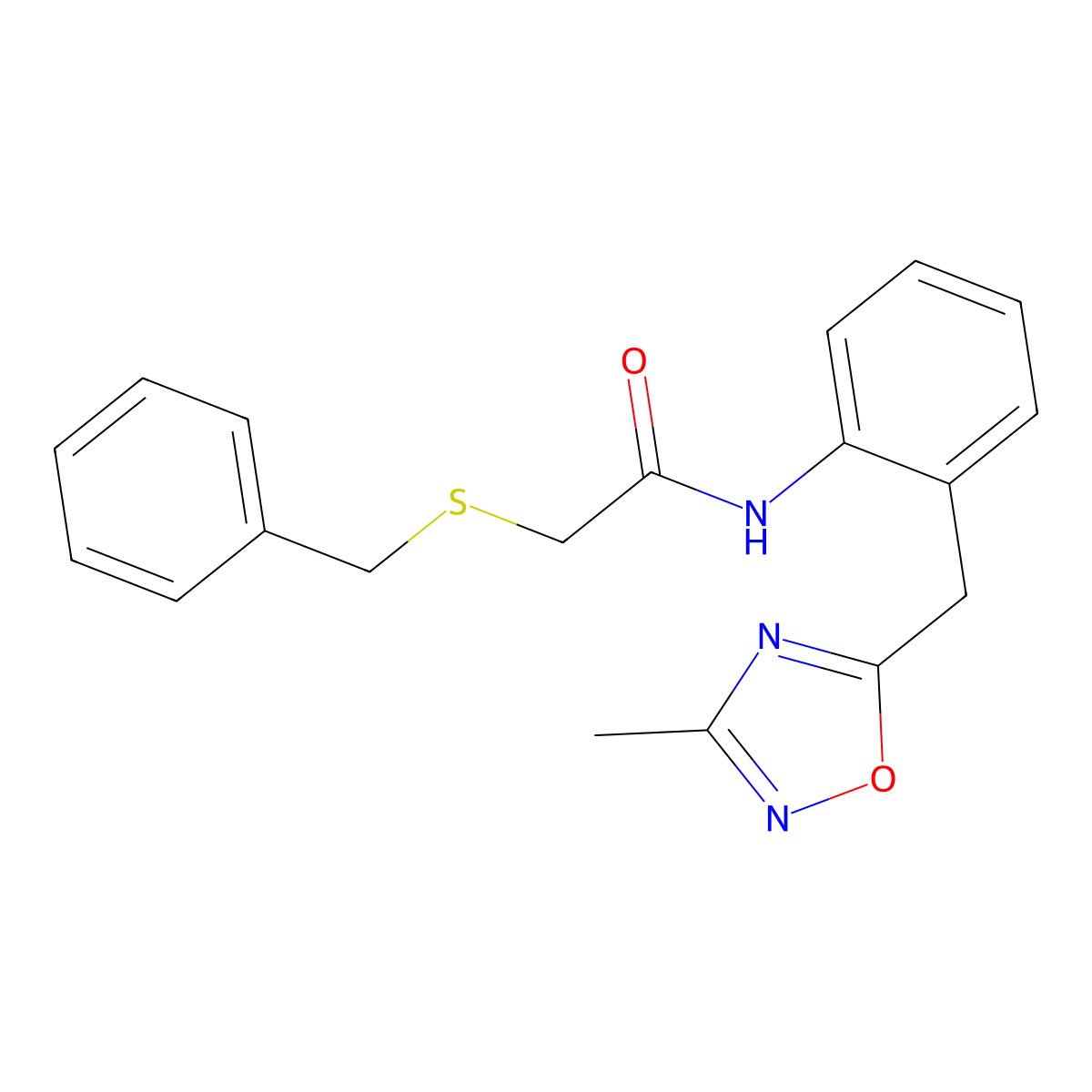2-(benzylthio)-N-(2-((3-methyl-1,2,4-oxadiazol-5-yl)methyl)phenyl)acetamide molecular structure, CAS 1448066-60-1