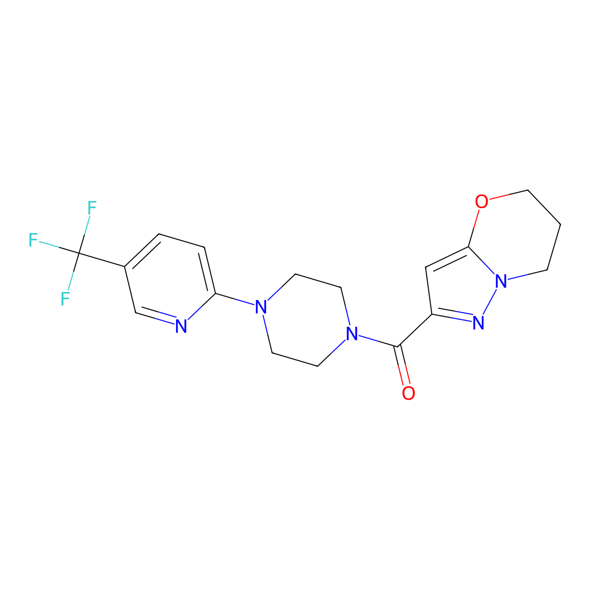 (6,7-dihydro-5H-pyrazolo[5,1-b][1,3]oxazin-2-yl)(4-(5-(trifluoromethyl)pyridin-2-yl)piperazin-1-yl)methanone molecular structure, CAS 1448066-73-6