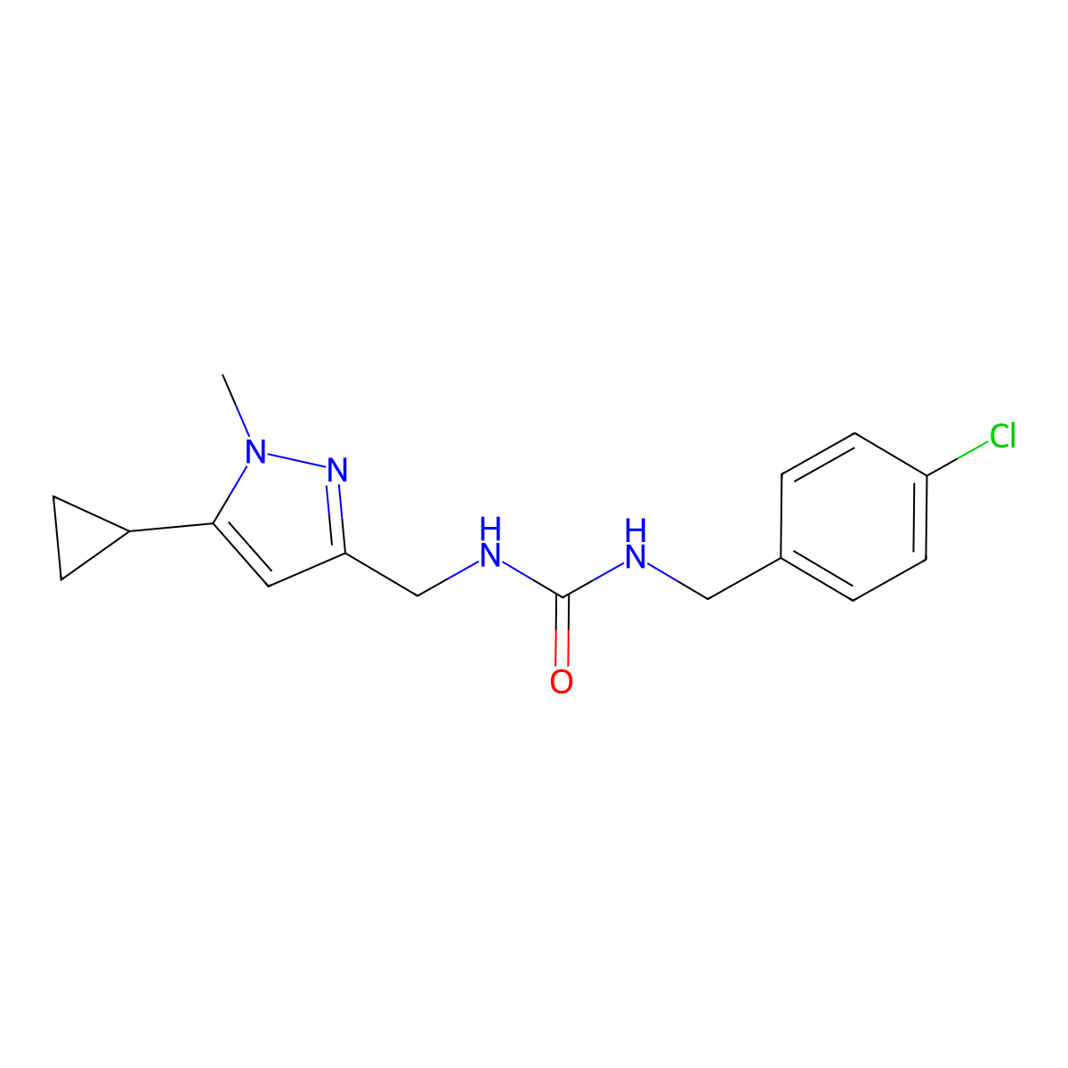 1-(4-chlorobenzyl)-3-((5-cyclopropyl-1-methyl-1H-pyrazol-3-yl)methyl)urea molecular structure, CAS 1448066-80-5