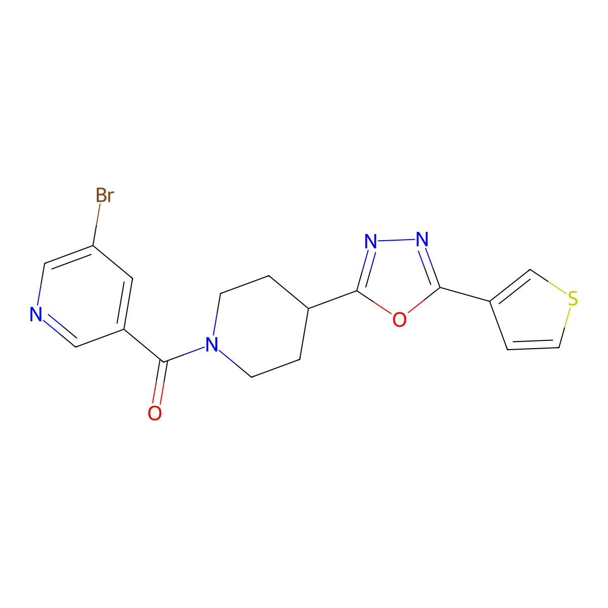 (5-Bromopyridin-3-yl)(4-(5-(thiophen-3-yl)-1,3,4-oxadiazol-2-yl)piperidin-1-yl)methanone molecular structure, CAS 1448066-99-6