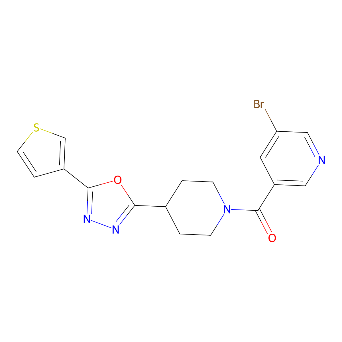 (5-Bromopyridin-3-yl)(4-(5-(thiophen-3-yl)-1,3,4-oxadiazol-2-yl)piperidin-1-yl)methanone molecular structure, CAS 1448066-99-6