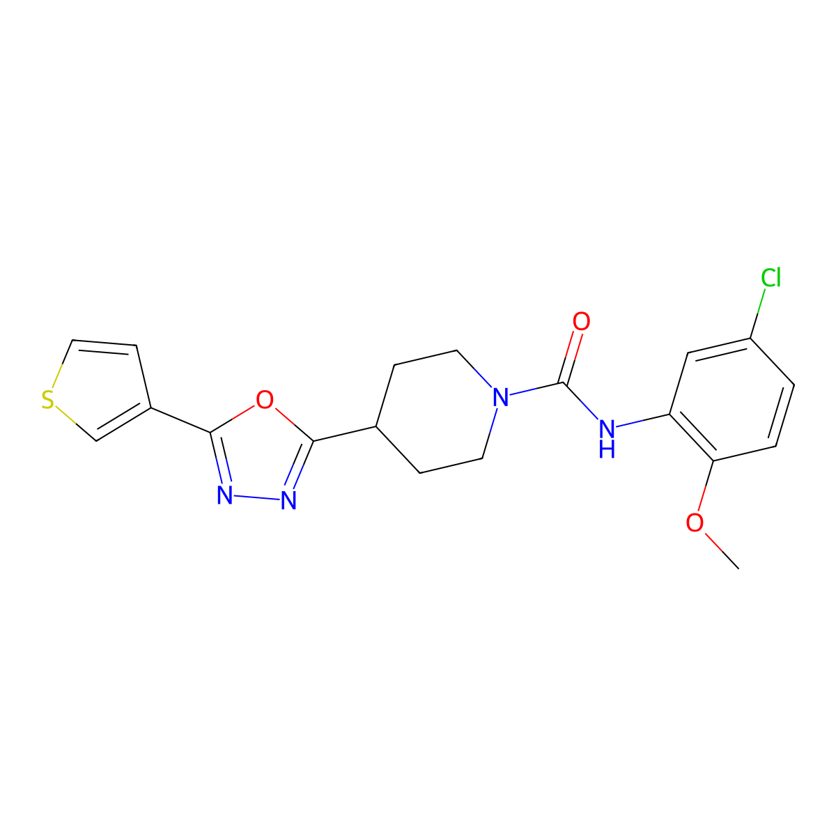 N-(5-Chloro-2-methoxyphenyl)-4-[5-(thiophen-3-YL)-1,3,4-oxadiazol-2-YL]piperidine-1-carboxamide molecular structure, CAS 1448067-10-4