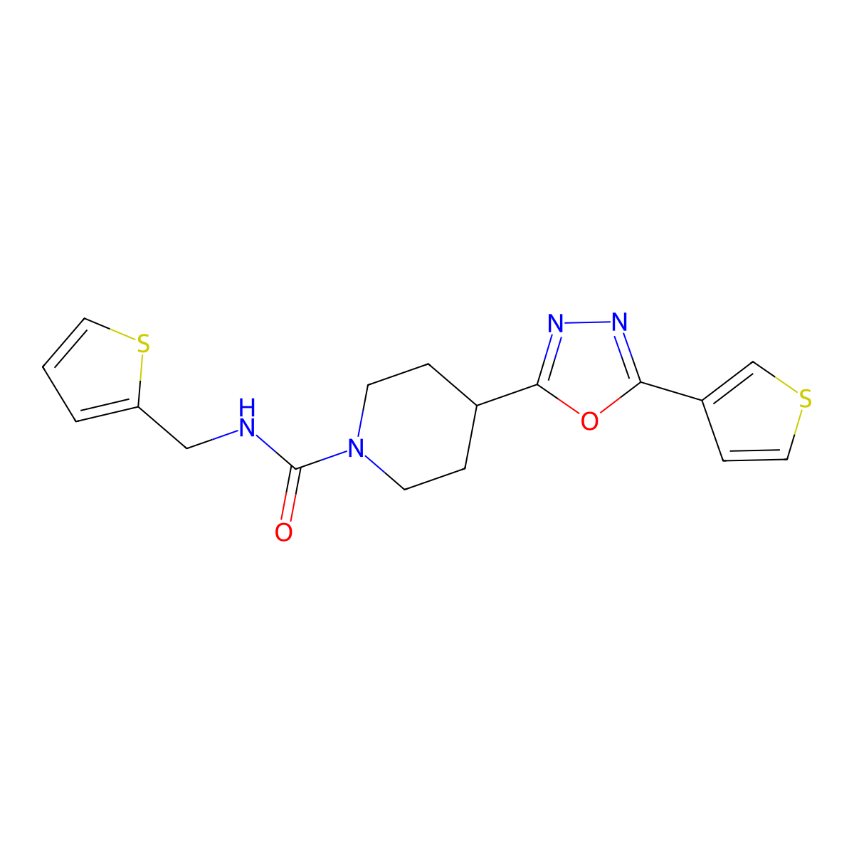 N-(thiophen-2-ylmethyl)-4-(5-(thiophen-3-yl)-1,3,4-oxadiazol-2-yl)piperidine-1-carboxamide molecular structure, CAS 1448067-18-2