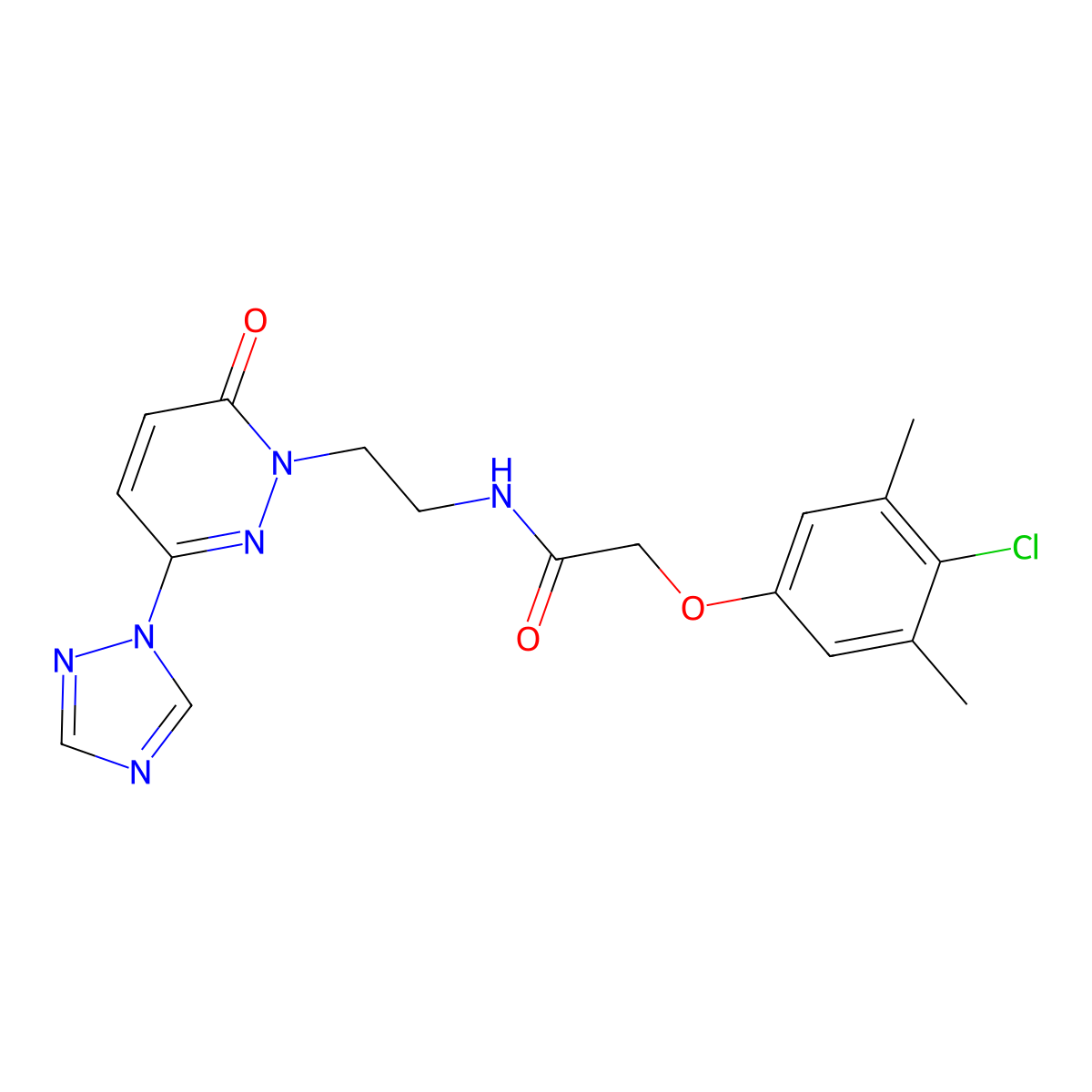 2-(4-chloro-3,5-dimethylphenoxy)-N-(2-(6-oxo-3-(1H-1,2,4-triazol-1-yl)pyridazin-1(6H)-yl)ethyl)acetamide molecular structure, CAS 1448067-23-9