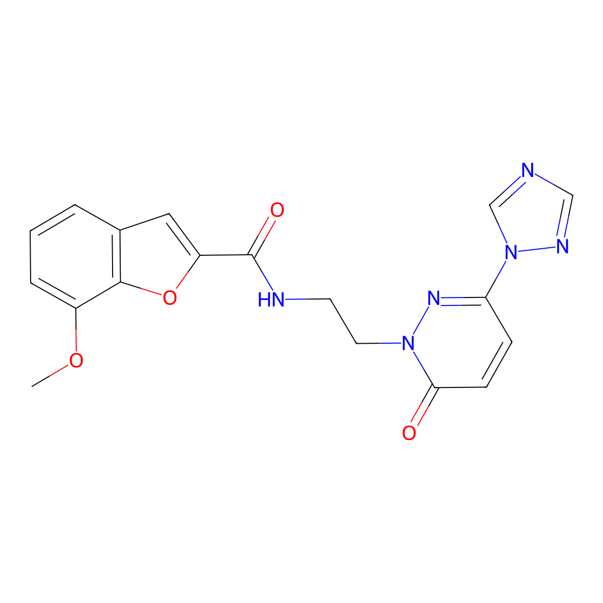 7-methoxy-N-(2-(6-oxo-3-(1H-1,2,4-triazol-1-yl)pyridazin-1(6H)-yl)ethyl)benzofuran-2-carboxamide molecular structure, CAS 1448067-35-3