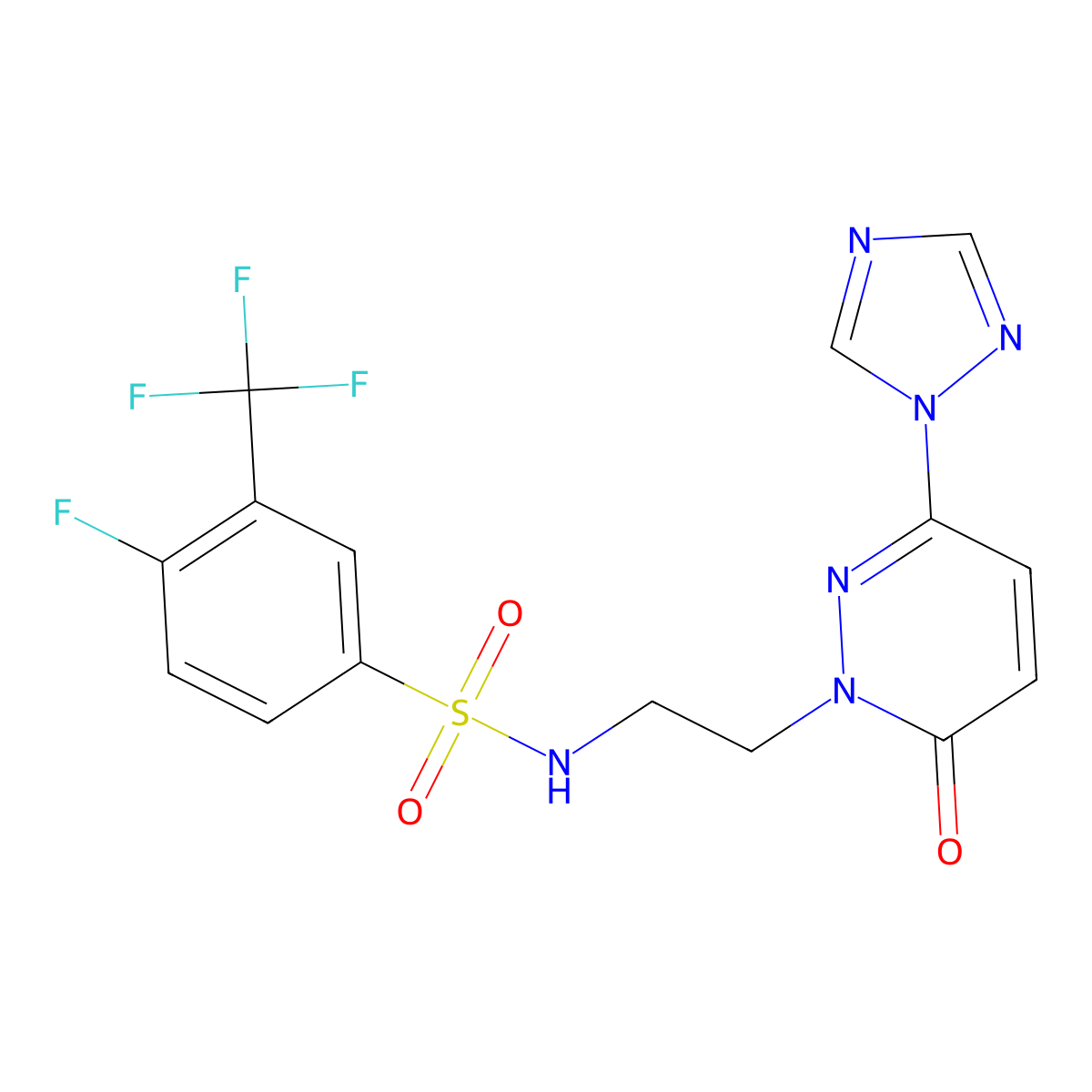 4-fluoro-N-(2-(6-oxo-3-(1H-1,2,4-triazol-1-yl)pyridazin-1(6H)-yl)ethyl)-3-(trifluoromethyl)benzenesulfonamide molecular structure, CAS 1448067-43-3