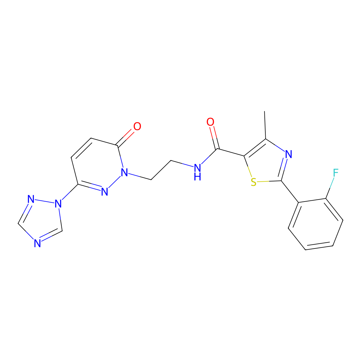 2-(2-fluorophenyl)-4-methyl-N-(2-(6-oxo-3-(1H-1,2,4-triazol-1-yl)pyridazin-1(6H)-yl)ethyl)thiazole-5-carboxamide molecular structure, CAS 1448067-45-5
