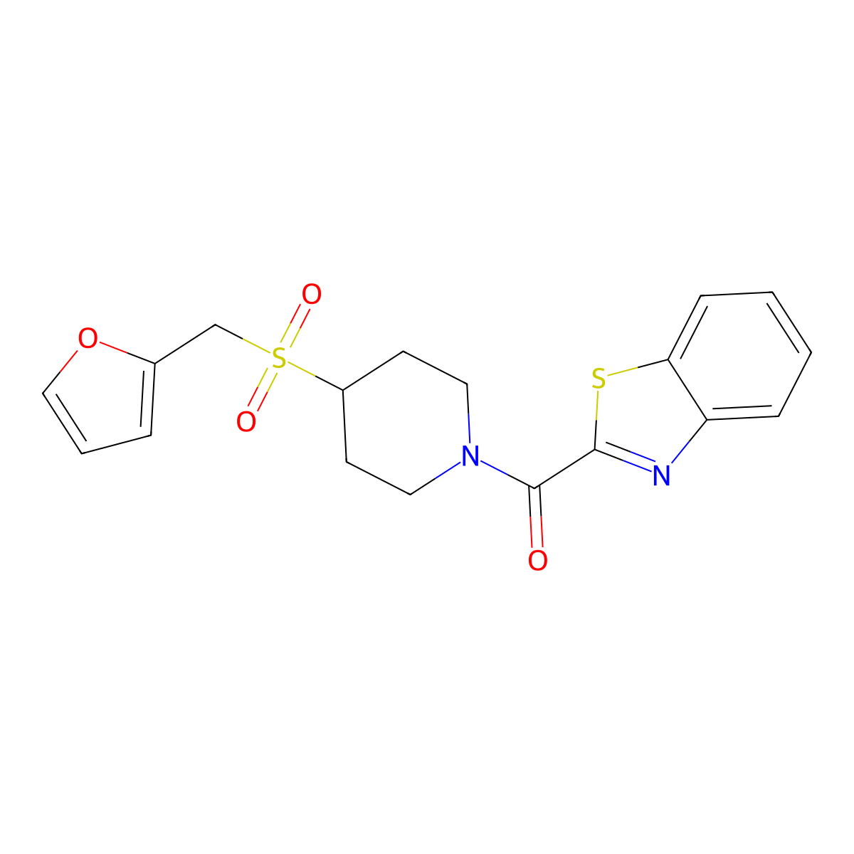 Benzo[d]thiazol-2-yl(4-((furan-2-ylmethyl)sulfonyl)piperidin-1-yl)methanone molecular structure, CAS 1448067-48-8