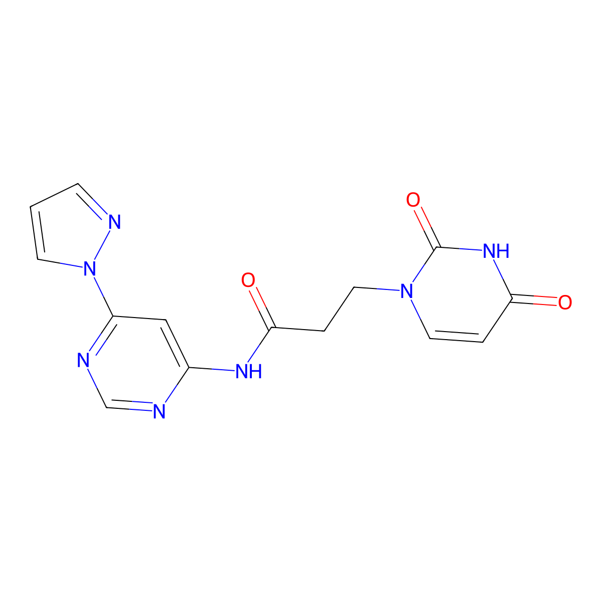 N-(6-(1H-pyrazol-1-yl)pyrimidin-4-yl)-3-(2,4-dioxo-3,4-dihydropyrimidin-1(2H)-yl)propanamide molecular structure, CAS 1448068-64-1