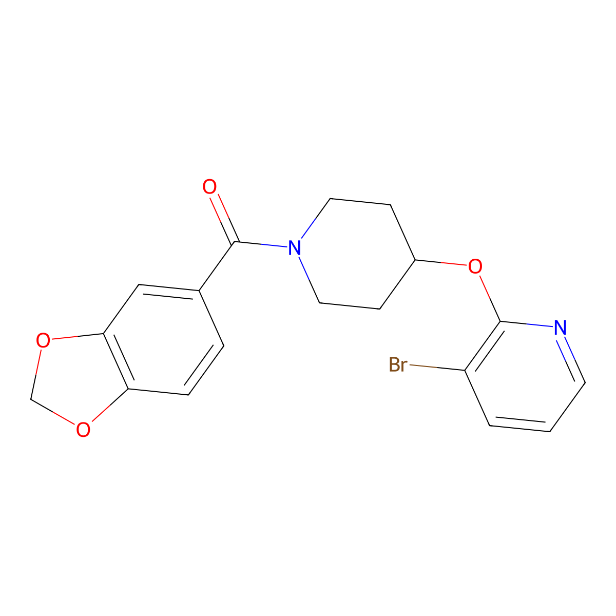 Benzo[d][1,3]dioxol-5-yl(4-((3-bromopyridin-2-yl)oxy)piperidin-1-yl)methanone molecular structure, CAS 1448068-82-3