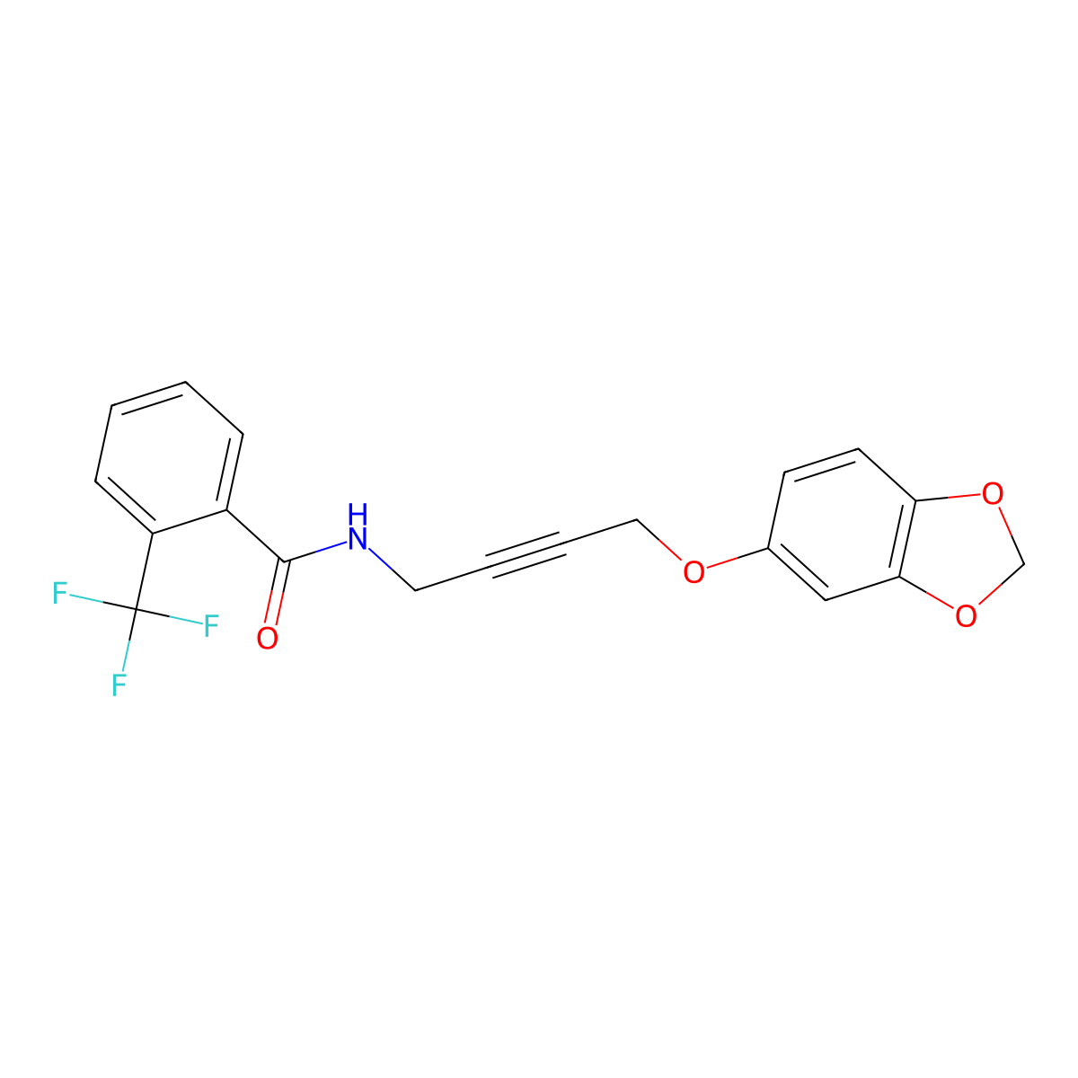N-(4-(benzo[d][1,3]dioxol-5-yloxy)but-2-yn-1-yl)-2-(trifluoromethyl)benzamide molecular structure, CAS 1448068-84-5