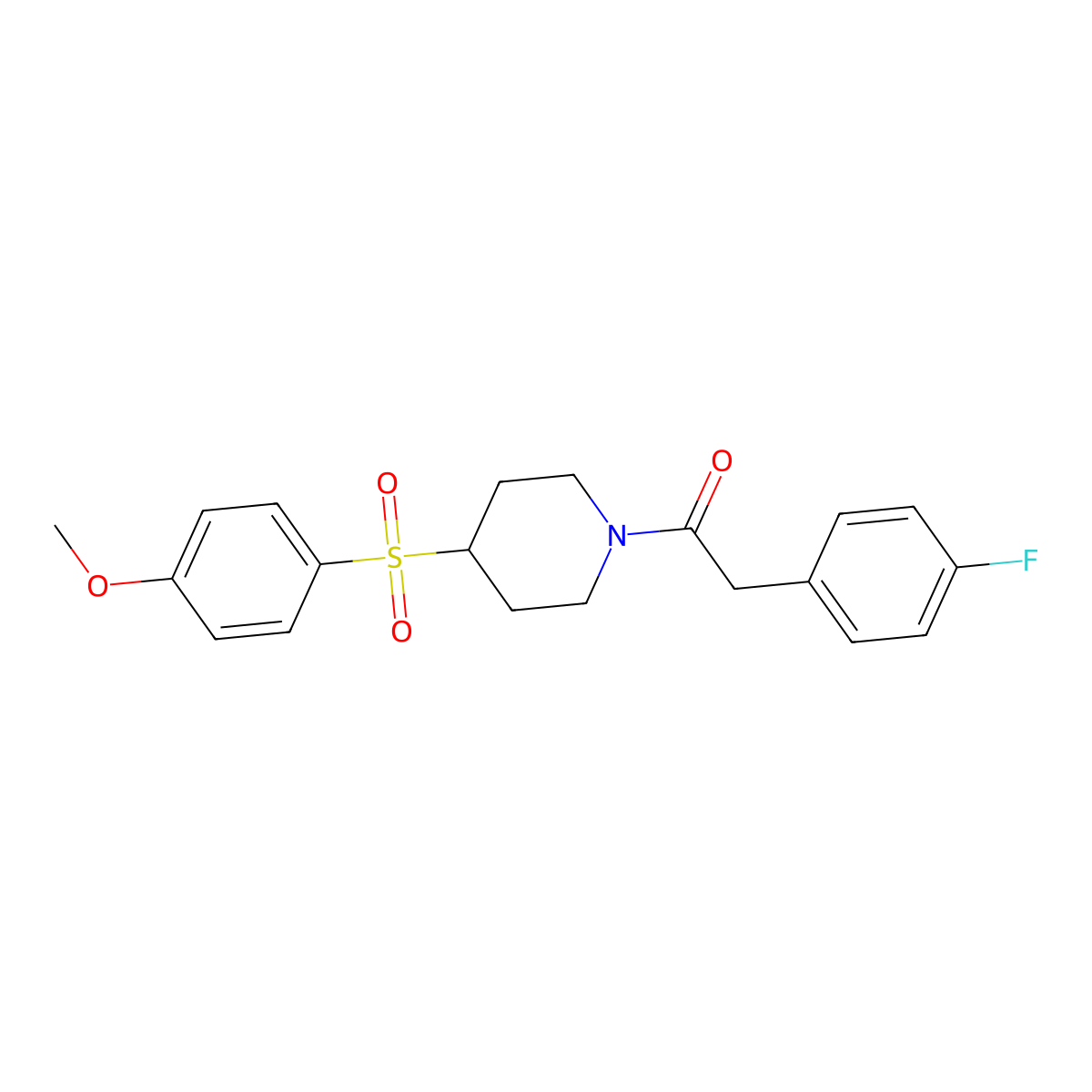 2-(4-Fluorophenyl)-1-(4-((4-methoxyphenyl)sulfonyl)piperidin-1-yl)ethanone molecular structure, CAS 1448068-86-7