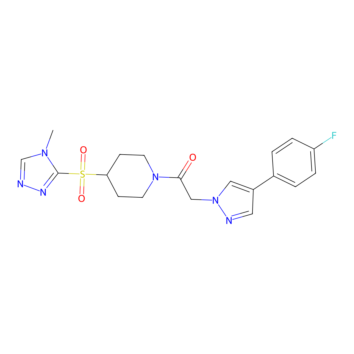 2-[4-(4-fluorophenyl)-1H-pyrazol-1-yl]-1-{4-[(4-methyl-4H-1,2,4-triazol-3-yl)sulfonyl]piperidin-1-yl}ethan-1-one molecular structure, CAS 1448068-96-9