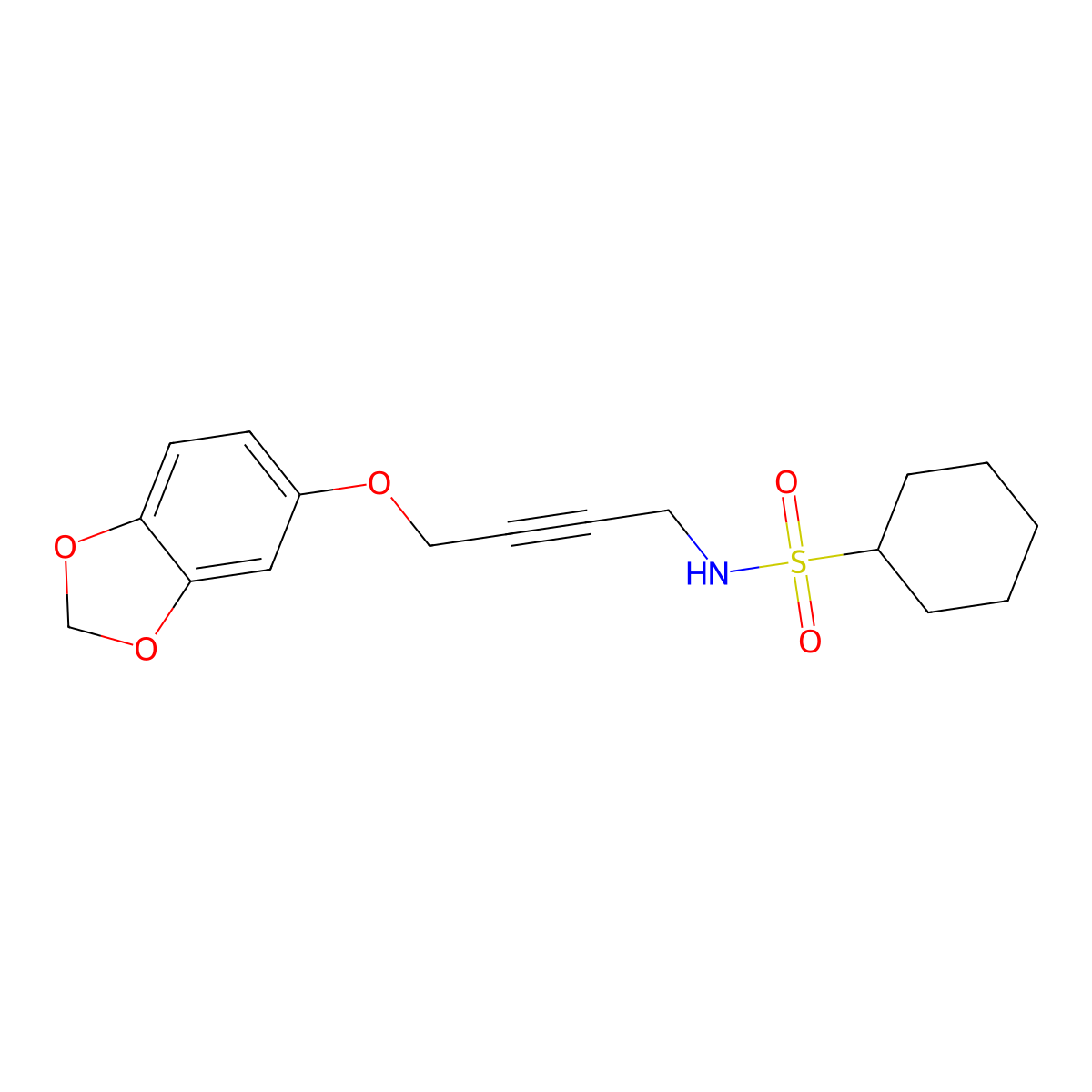 N-(4-(benzo[d][1,3]dioxol-5-yloxy)but-2-yn-1-yl)cyclohexanesulfonamide molecular structure, CAS 1448069-25-7