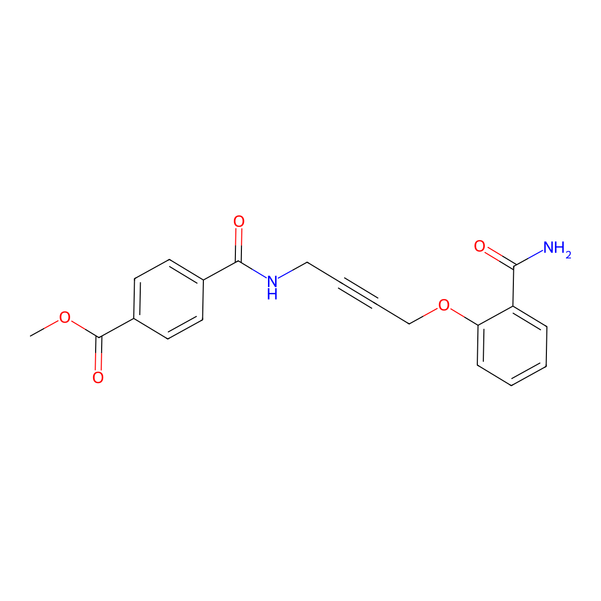 Methyl 4-((4-(2-carbamoylphenoxy)but-2-yn-1-yl)carbamoyl)benzoate molecular structure, CAS 1448069-32-6