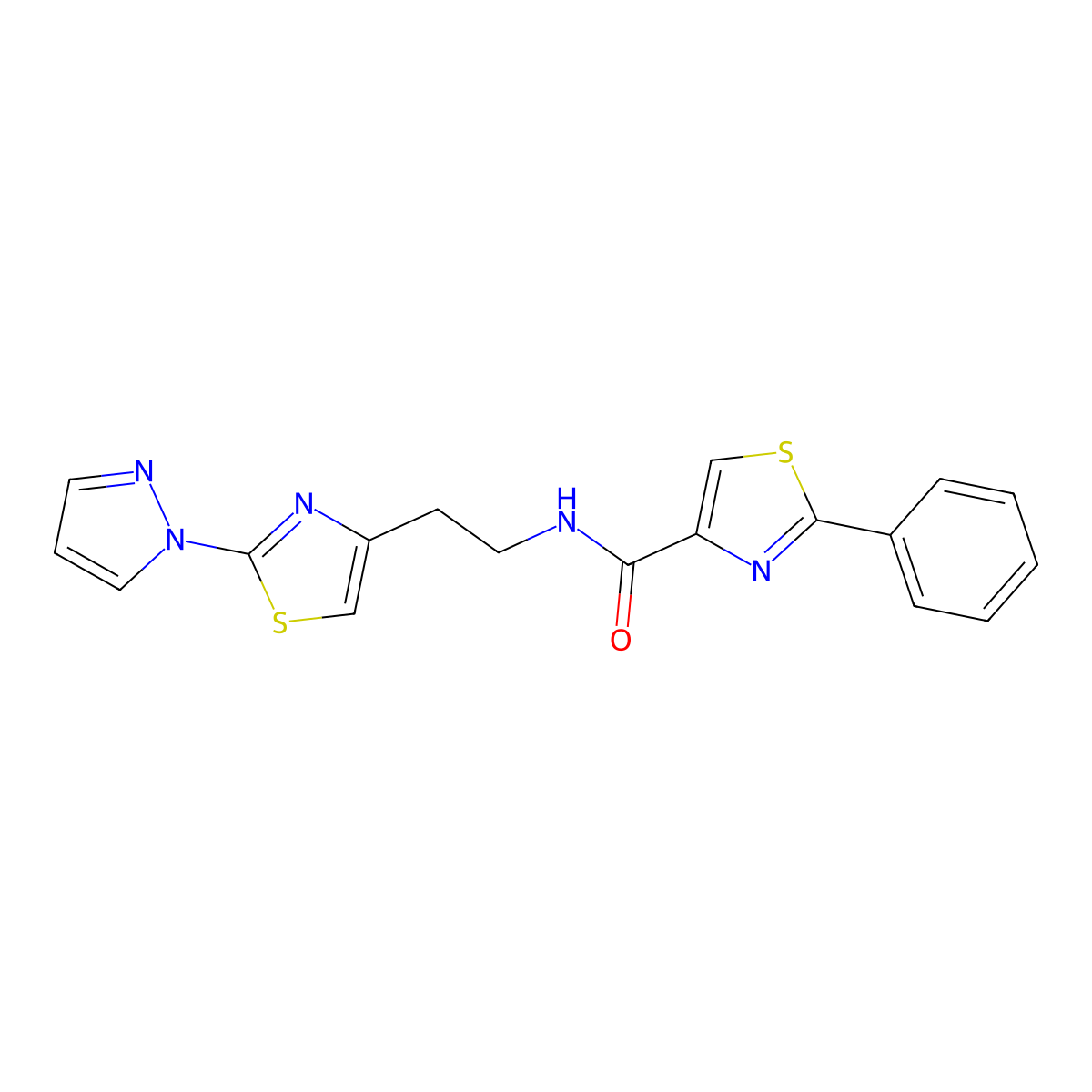 N-(2-(2-(1H-pyrazol-1-yl)thiazol-4-yl)ethyl)-2-phenylthiazole-4-carboxamide molecular structure, CAS 1448069-56-4