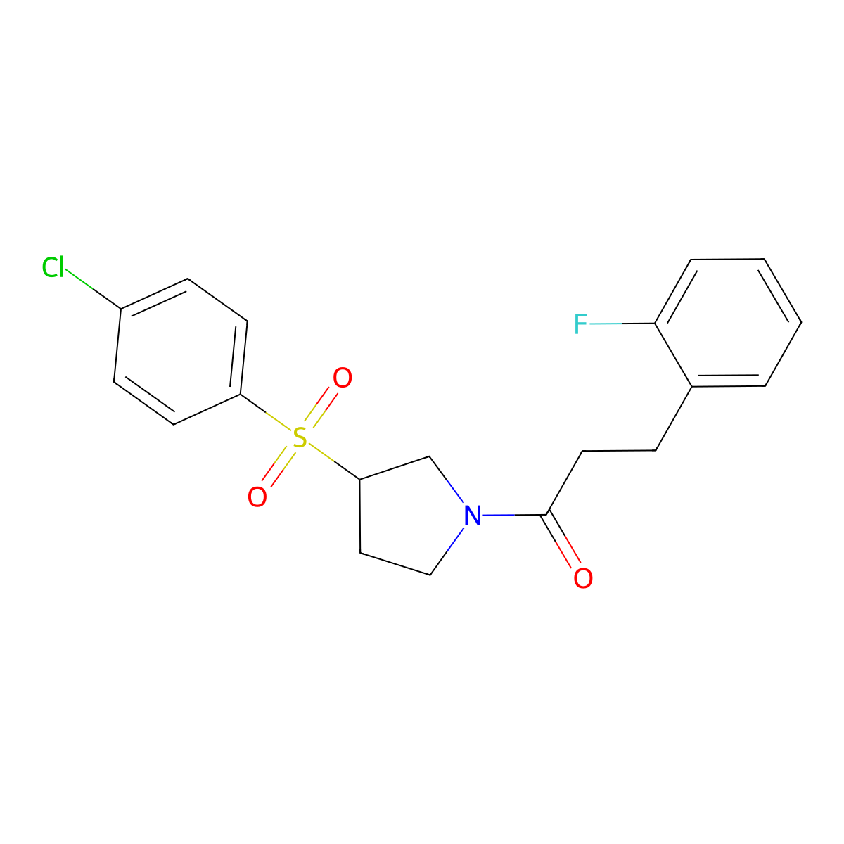 1-(3-((4-Chlorophenyl)sulfonyl)pyrrolidin-1-yl)-3-(2-fluorophenyl)propan-1-one molecular structure, CAS 1448069-57-5