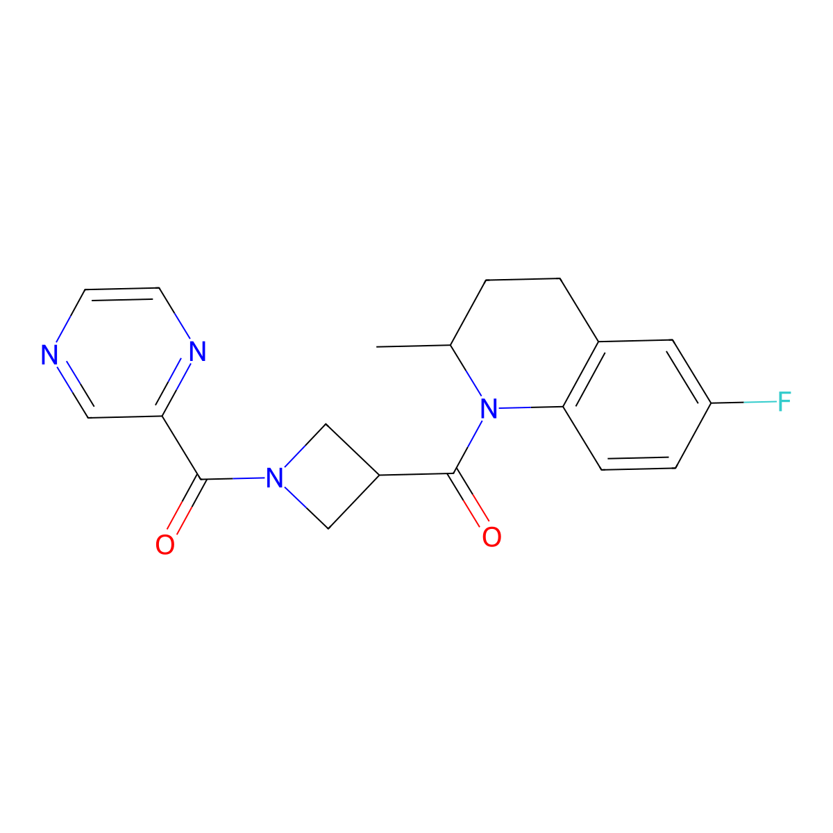 (3-(6-Fluoro-2-methyl-1,2,3,4-tetrahydroquinoline-1-carbonyl)azetidin-1-yl)(pyrazin-2-yl)methanone molecular structure, CAS 1448069-61-1