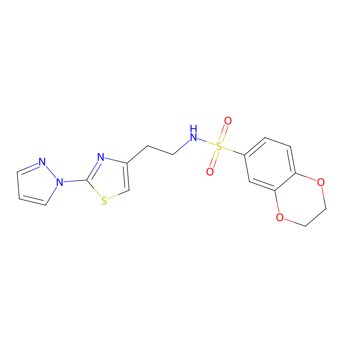 N-(2-(2-(1H-pyrazol-1-yl)thiazol-4-yl)ethyl)-2,3-dihydrobenzo[b][1,4]dioxine-6-sulfonamide molecular structure, CAS 1448069-62-2