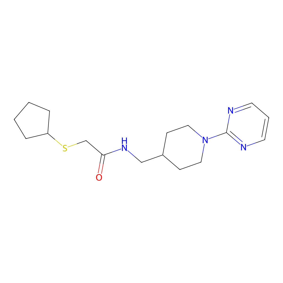 2-(cyclopentylthio)-N-((1-(pyrimidin-2-yl)piperidin-4-yl)methyl)acetamide molecular structure, CAS 1448069-63-3