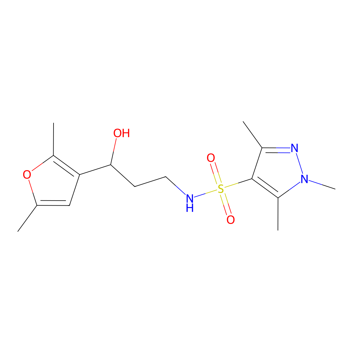 N-[3-(2,5-dimethylfuran-3-yl)-3-hydroxypropyl]-1,3,5-trimethyl-1H-pyrazole-4-sulfonamide molecular structure, CAS 1448069-82-6