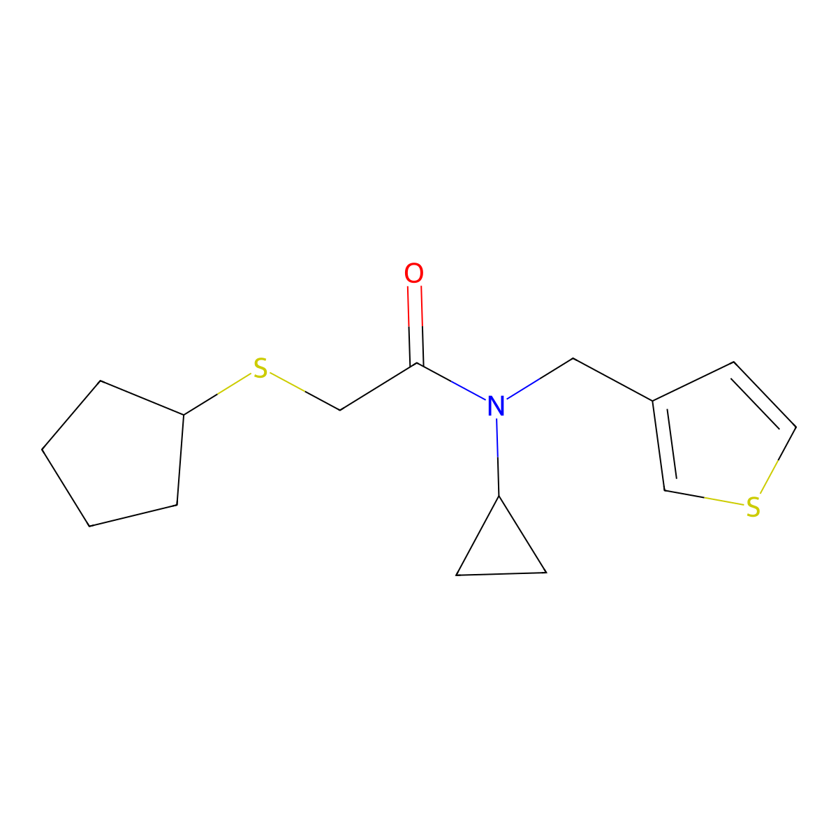 2-(cyclopentylthio)-N-cyclopropyl-N-(thiophen-3-ylmethyl)acetamide molecular structure, CAS 1448069-83-7
