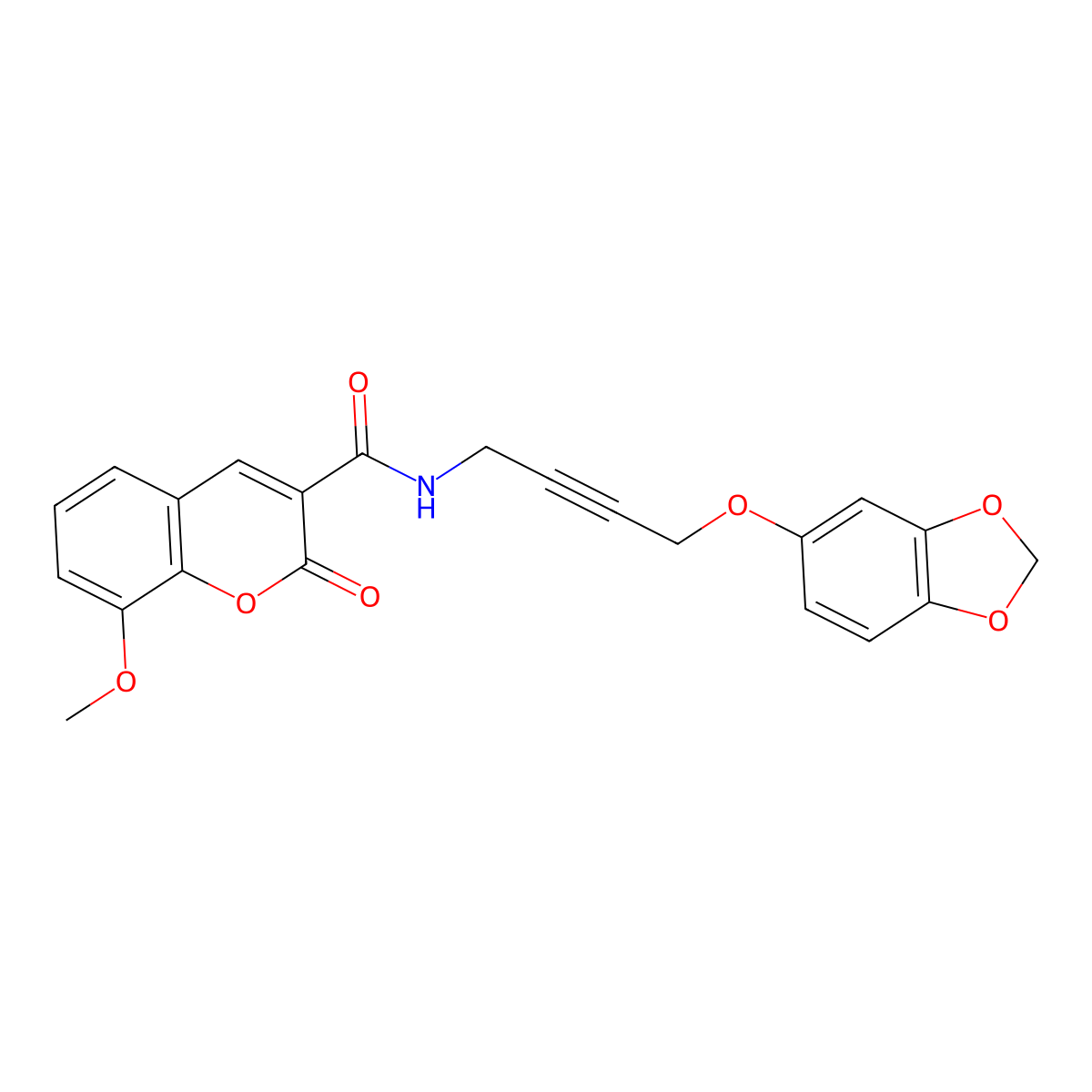 N-(4-(benzo[d][1,3]dioxol-5-yloxy)but-2-yn-1-yl)-8-methoxy-2-oxo-2H-chromene-3-carboxamide molecular structure, CAS 1448069-99-5