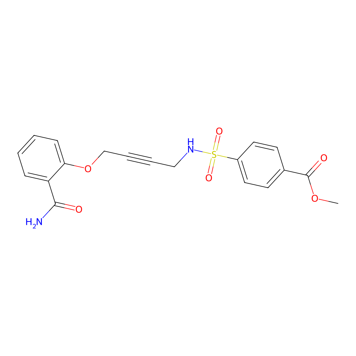 methyl 4-(N-(4-(2-carbamoylphenoxy)but-2-yn-1-yl)sulfamoyl)benzoate molecular structure, CAS 1448070-14-1