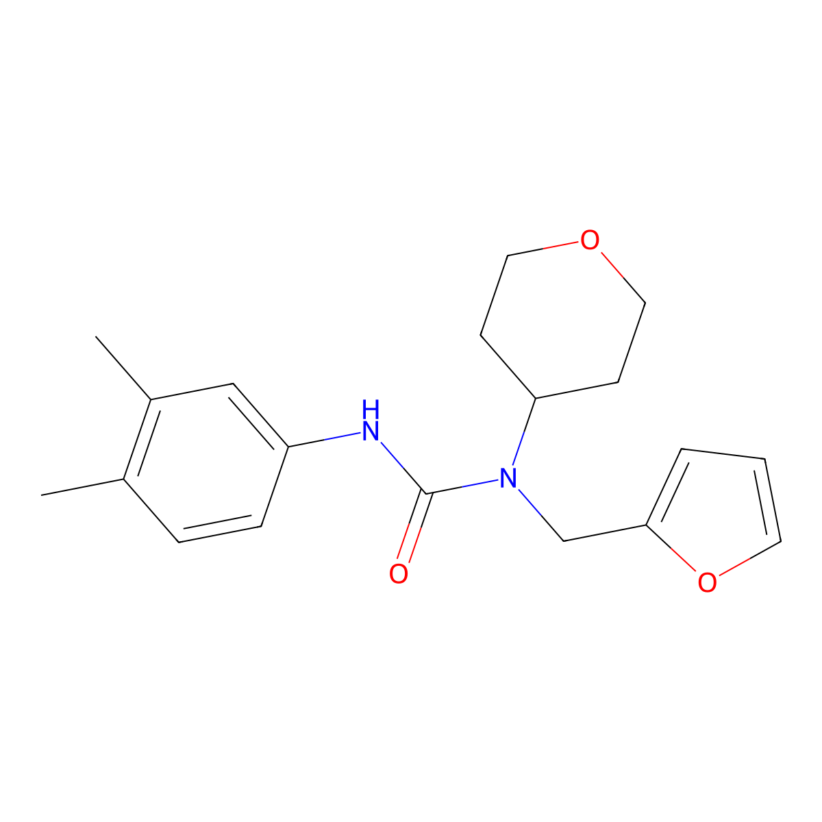 3-(3,4-dimethylphenyl)-1-(furan-2-ylmethyl)-1-(tetrahydro-2H-pyran-4-yl)urea molecular structure, CAS 1448070-16-3