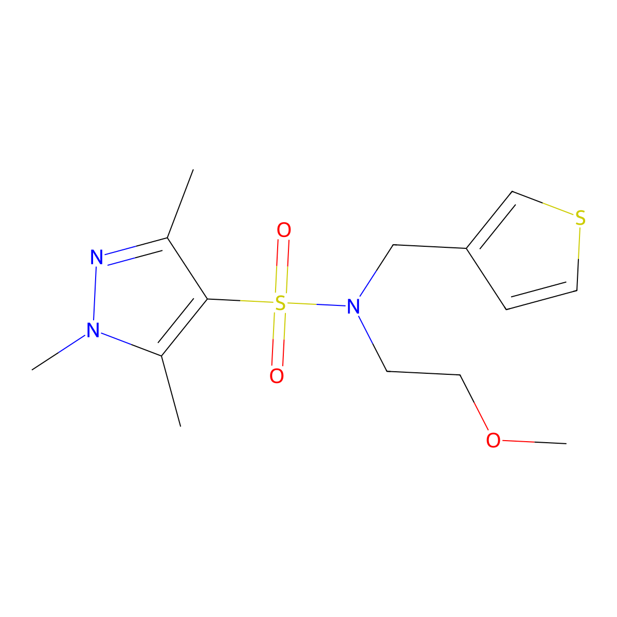 N-(2-methoxyethyl)-1,3,5-trimethyl-N-(thiophen-3-ylmethyl)-1H-pyrazole-4-sulfonamide molecular structure, CAS 1448070-25-4