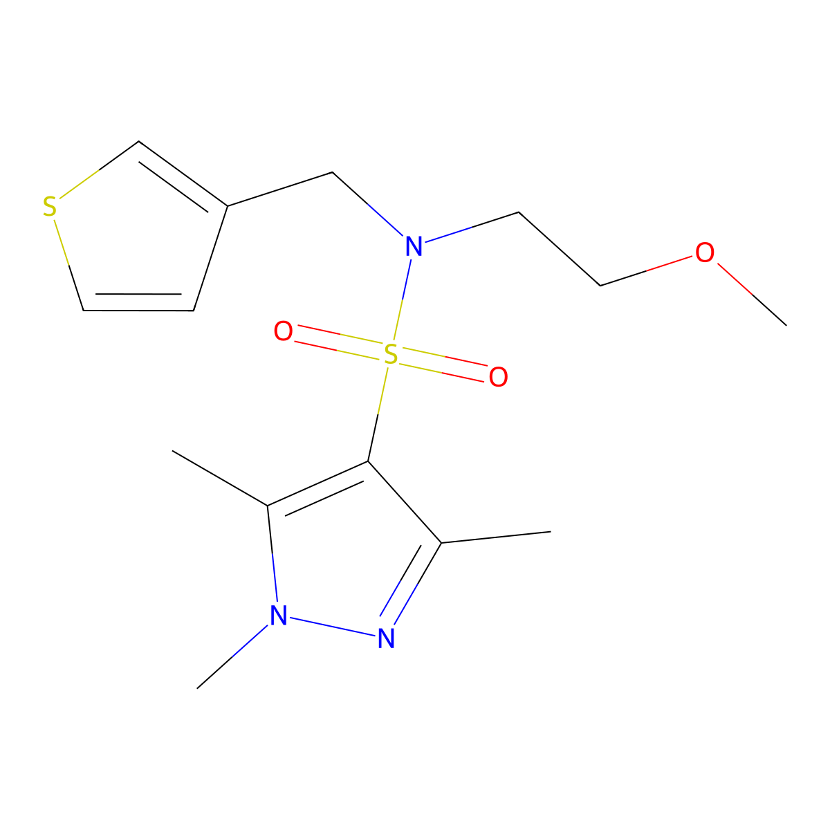 N-(2-methoxyethyl)-1,3,5-trimethyl-N-(thiophen-3-ylmethyl)-1H-pyrazole-4-sulfonamide molecular structure, CAS 1448070-25-4
