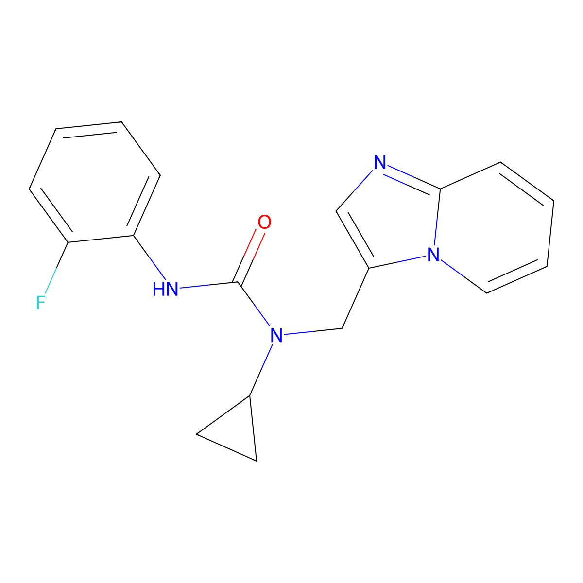 1-Cyclopropyl-3-(2-fluorophenyl)-1-(imidazo[1,2-a]pyridin-3-ylmethyl)urea molecular structure, CAS 1448070-31-2