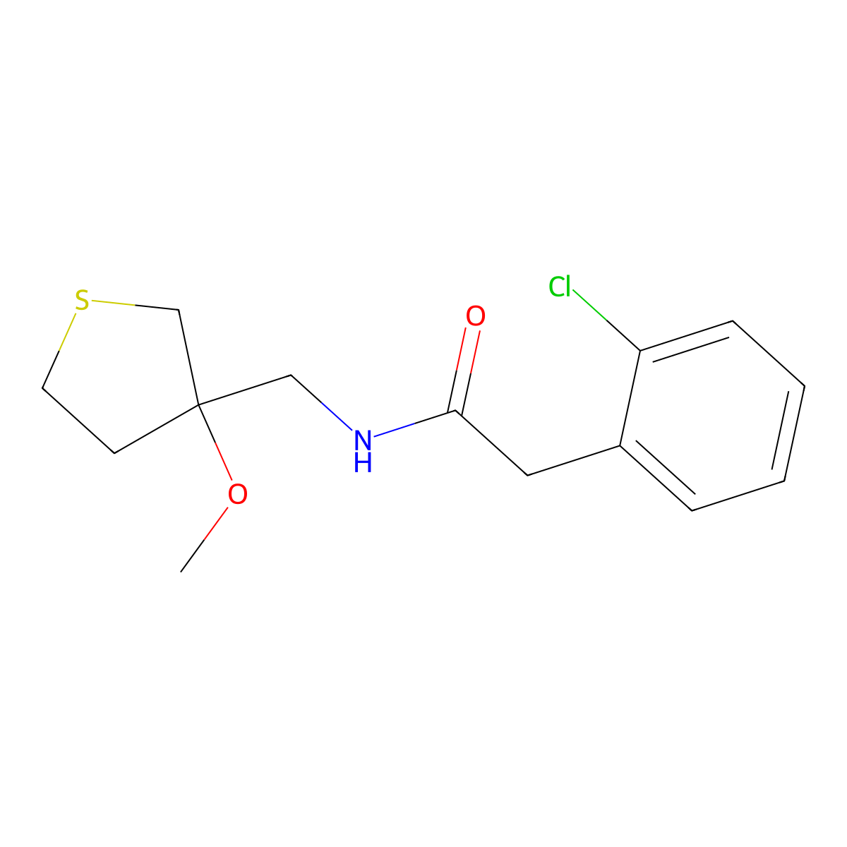 2-(2-chlorophenyl)-N-((3-methoxytetrahydrothiophen-3-yl)methyl)acetamide molecular structure, CAS 1448070-36-7