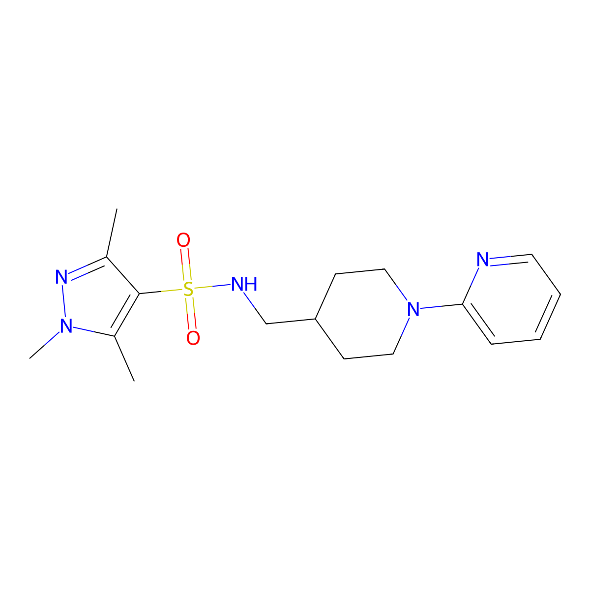 1,3,5-trimethyl-N-((1-(pyridin-2-yl)piperidin-4-yl)methyl)-1H-pyrazole-4-sulfonamide molecular structure, CAS 1448070-50-5