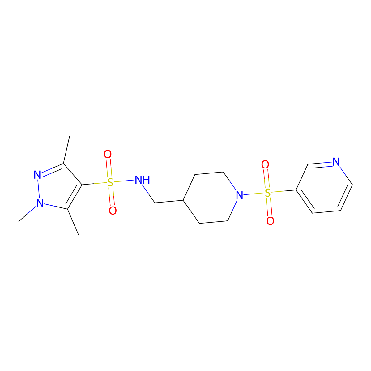 1,3,5-trimethyl-N-((1-(pyridin-3-ylsulfonyl)piperidin-4-yl)methyl)-1H-pyrazole-4-sulfonamide molecular structure, CAS 1448070-55-0