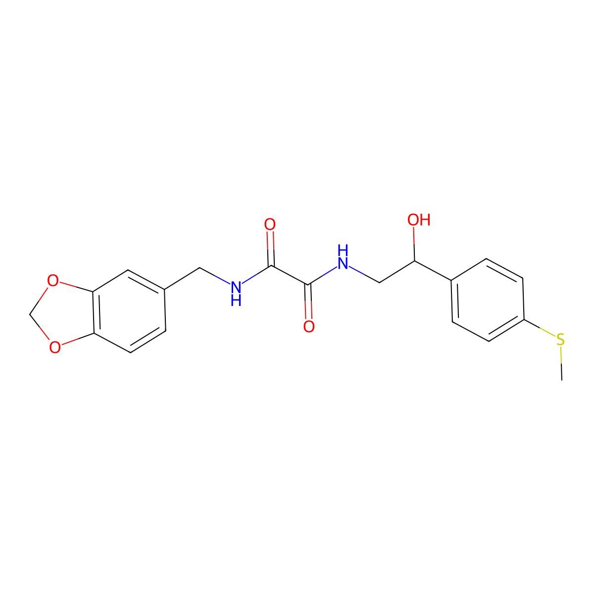 N1-(benzo[d][1,3]dioxol-5-ylmethyl)-N2-(2-hydroxy-2-(4-(methylthio)phenyl)ethyl)oxalamide molecular structure, CAS 1448070-62-9