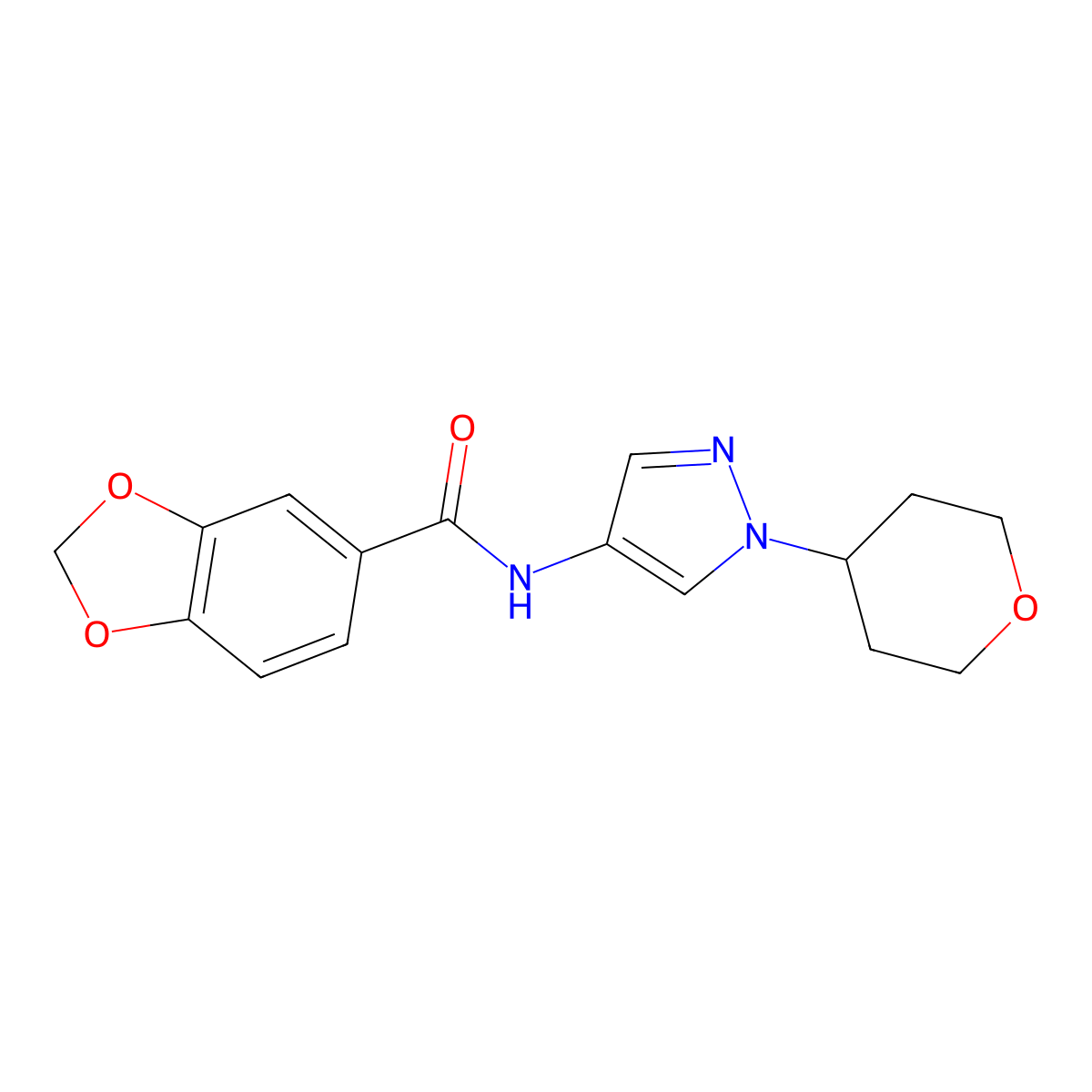 N-(1-(tetrahydro-2H-pyran-4-yl)-1H-pyrazol-4-yl)benzo[d][1,3]dioxole-5-carboxamide molecular structure, CAS 1448070-68-5