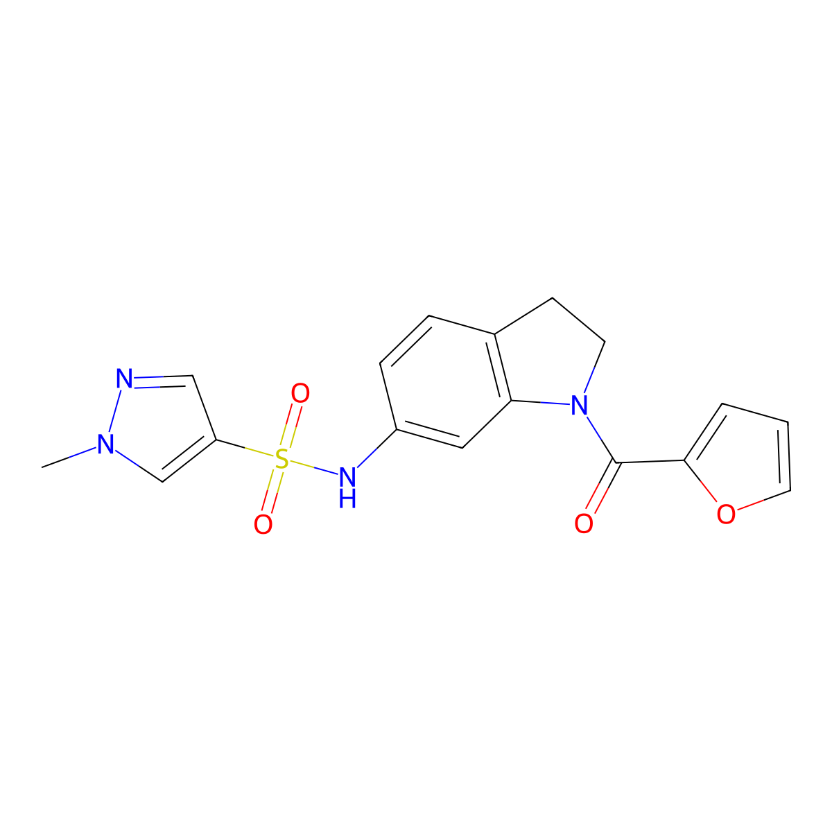 N-(1-(furan-2-carbonyl)indolin-6-yl)-1-methyl-1H-pyrazole-4-sulfonamide molecular structure, CAS 1448070-71-0