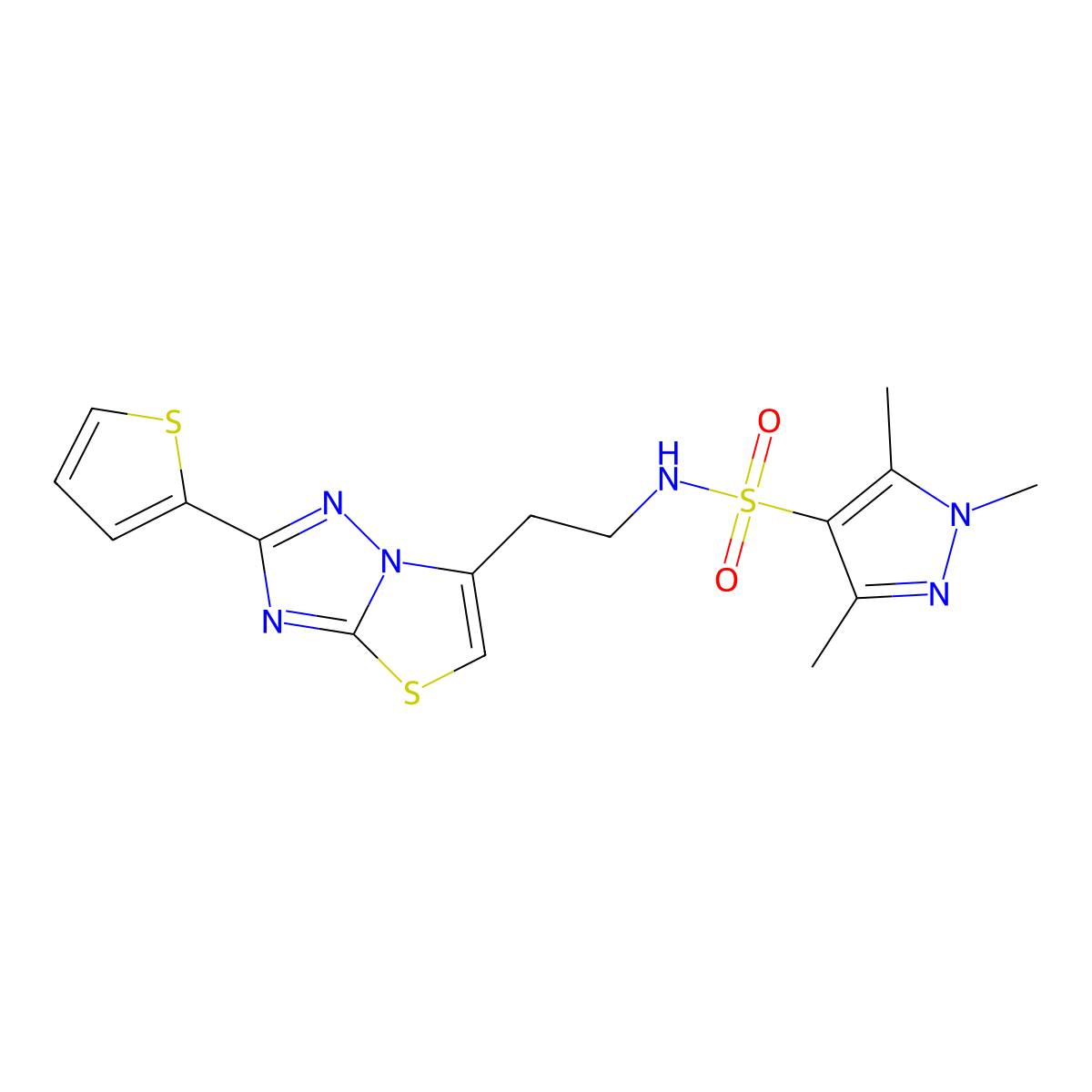 1,3,5-trimethyl-N-(2-(2-(thiophen-2-yl)thiazolo[3,2-b][1,2,4]triazol-6-yl)ethyl)-1H-pyrazole-4-sulfonamide molecular structure, CAS 1448070-79-8