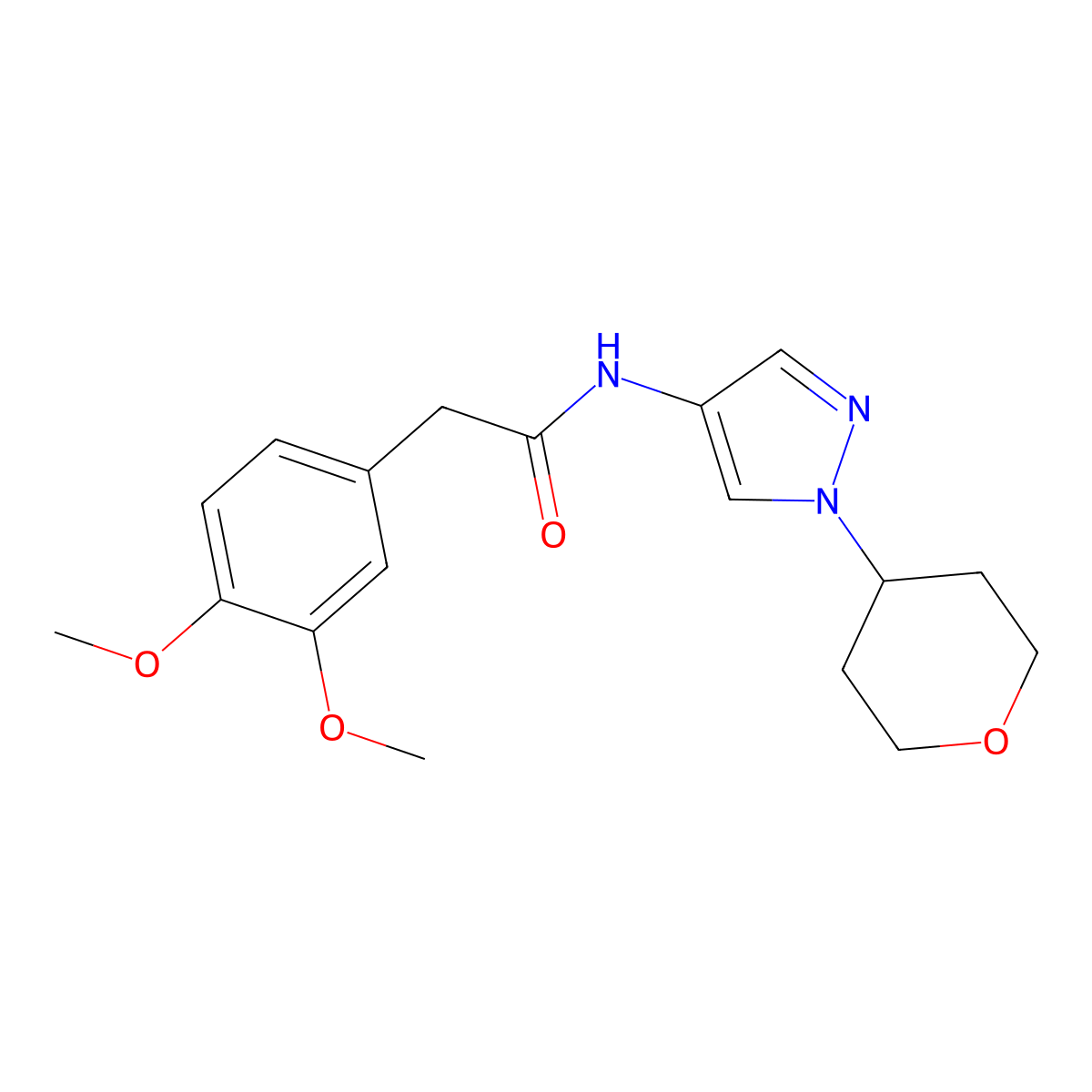 2-(3,4-dimethoxyphenyl)-N-(1-(tetrahydro-2H-pyran-4-yl)-1H-pyrazol-4-yl)acetamide molecular structure, CAS 1448070-80-1