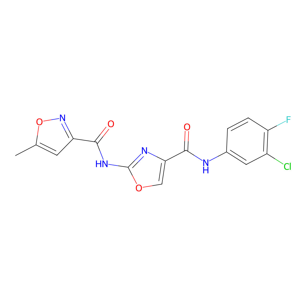 N-(4-((3-chloro-4-fluorophenyl)carbamoyl)oxazol-2-yl)-5-methylisoxazole-3-carboxamide molecular structure, CAS 1448071-14-4