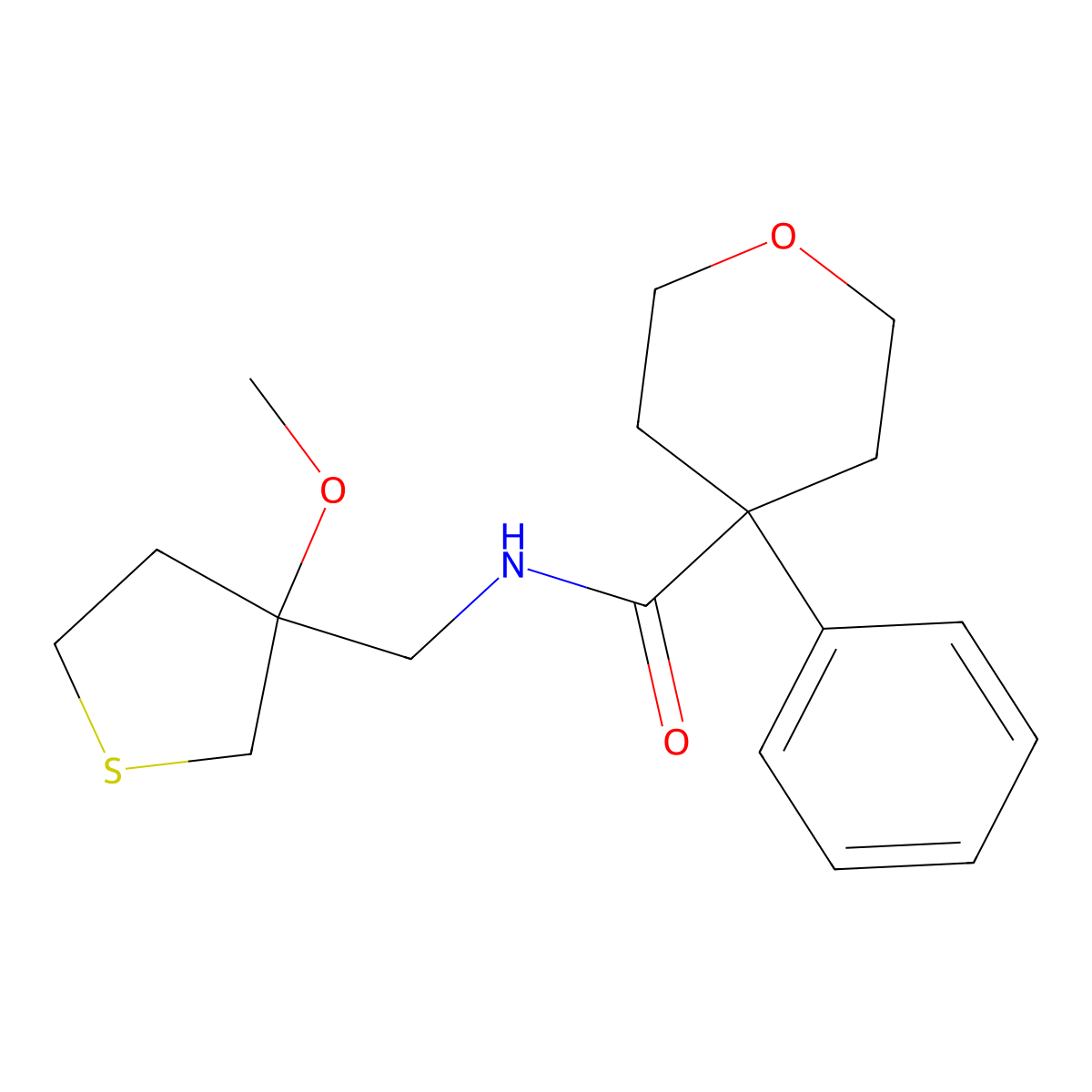 N-((3-methoxytetrahydrothiophen-3-yl)methyl)-4-phenyltetrahydro-2H-pyran-4-carboxamide molecular structure, CAS 1448071-31-5