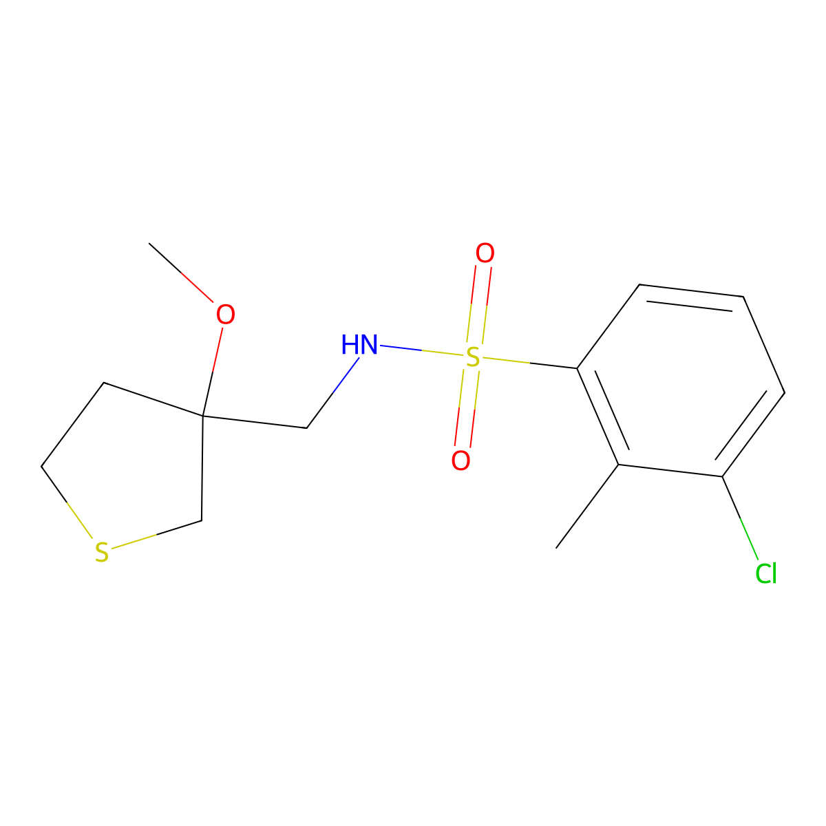 3-chloro-N-((3-methoxytetrahydrothiophen-3-yl)methyl)-2-methylbenzenesulfonamide molecular structure, CAS 1448071-37-1