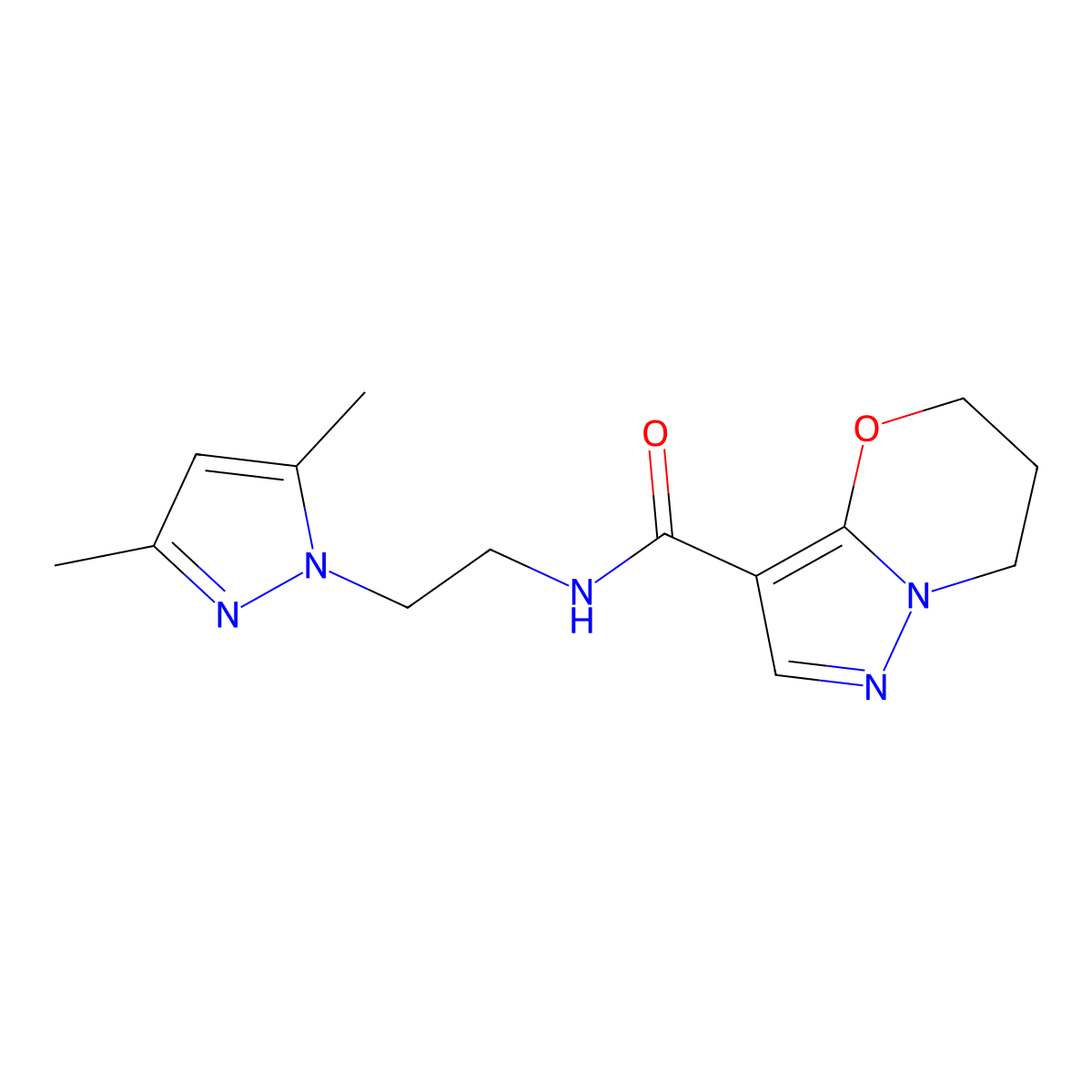 N-[2-(3,5-dimethyl-1H-pyrazol-1-yl)ethyl]-5H,6H,7H-pyrazolo[3,2-b][1,3]oxazine-3-carboxamide molecular structure, CAS 1448071-50-8
