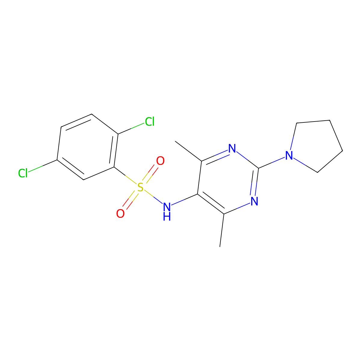 2,5-dichloro-N-[4,6-dimethyl-2-(pyrrolidin-1-yl)pyrimidin-5-yl]benzene-1-sulfonamide molecular structure, CAS 1448071-55-3