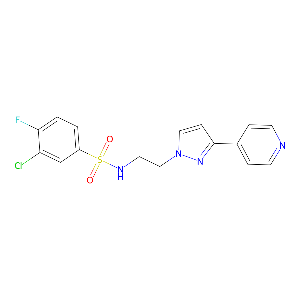 3-chloro-4-fluoro-N-(2-(3-(pyridin-4-yl)-1H-pyrazol-1-yl)ethyl)benzenesulfonamide molecular structure, CAS 1448071-65-5