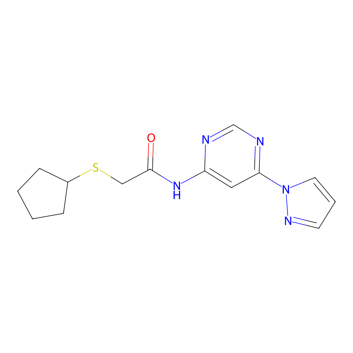 N-(6-(1H-pyrazol-1-yl)pyrimidin-4-yl)-2-(cyclopentylthio)acetamide molecular structure, CAS 1448071-75-7