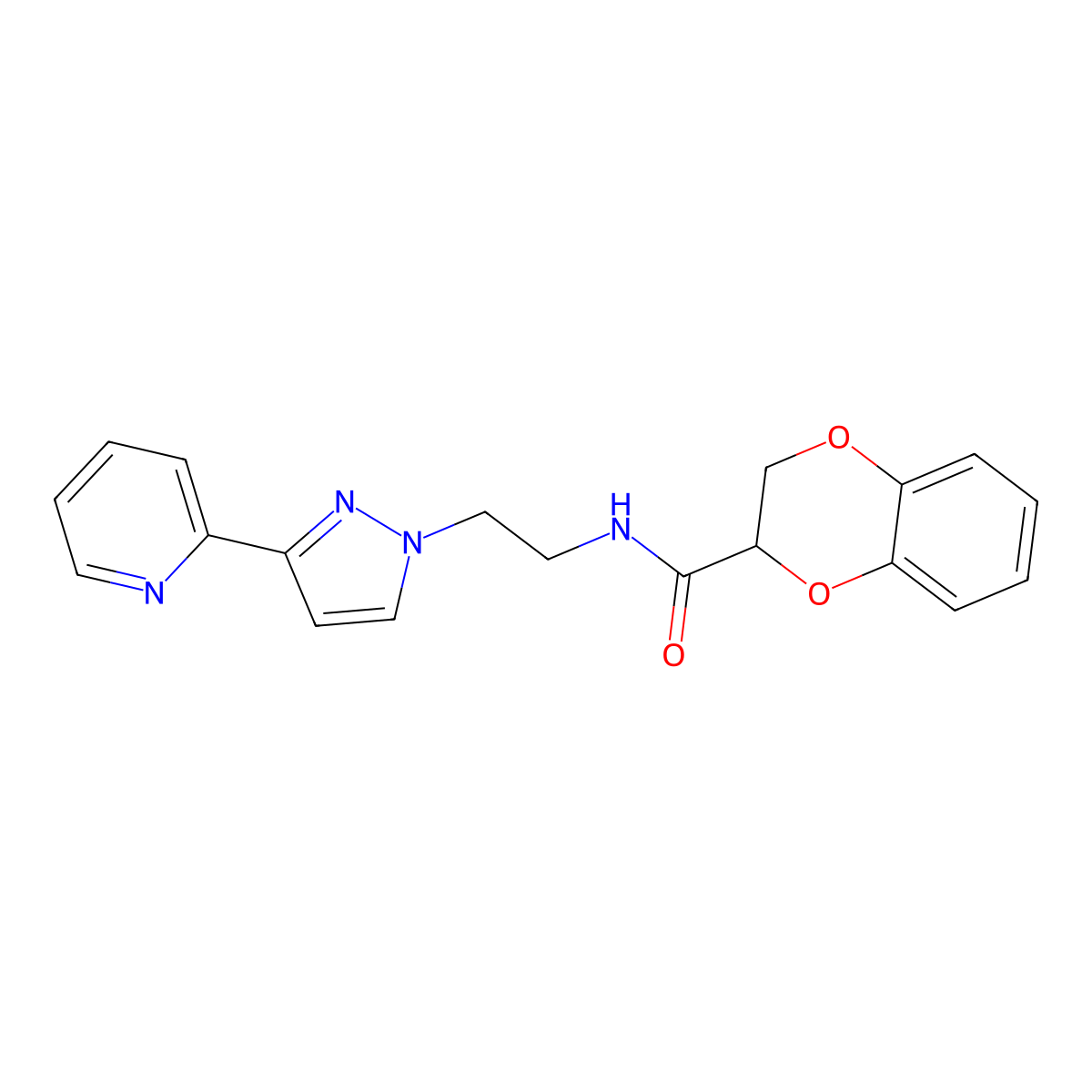 N-(2-(3-(pyridin-2-yl)-1H-pyrazol-1-yl)ethyl)-2,3-dihydrobenzo[b][1,4]dioxine-2-carboxamide molecular structure, CAS 1448071-76-8