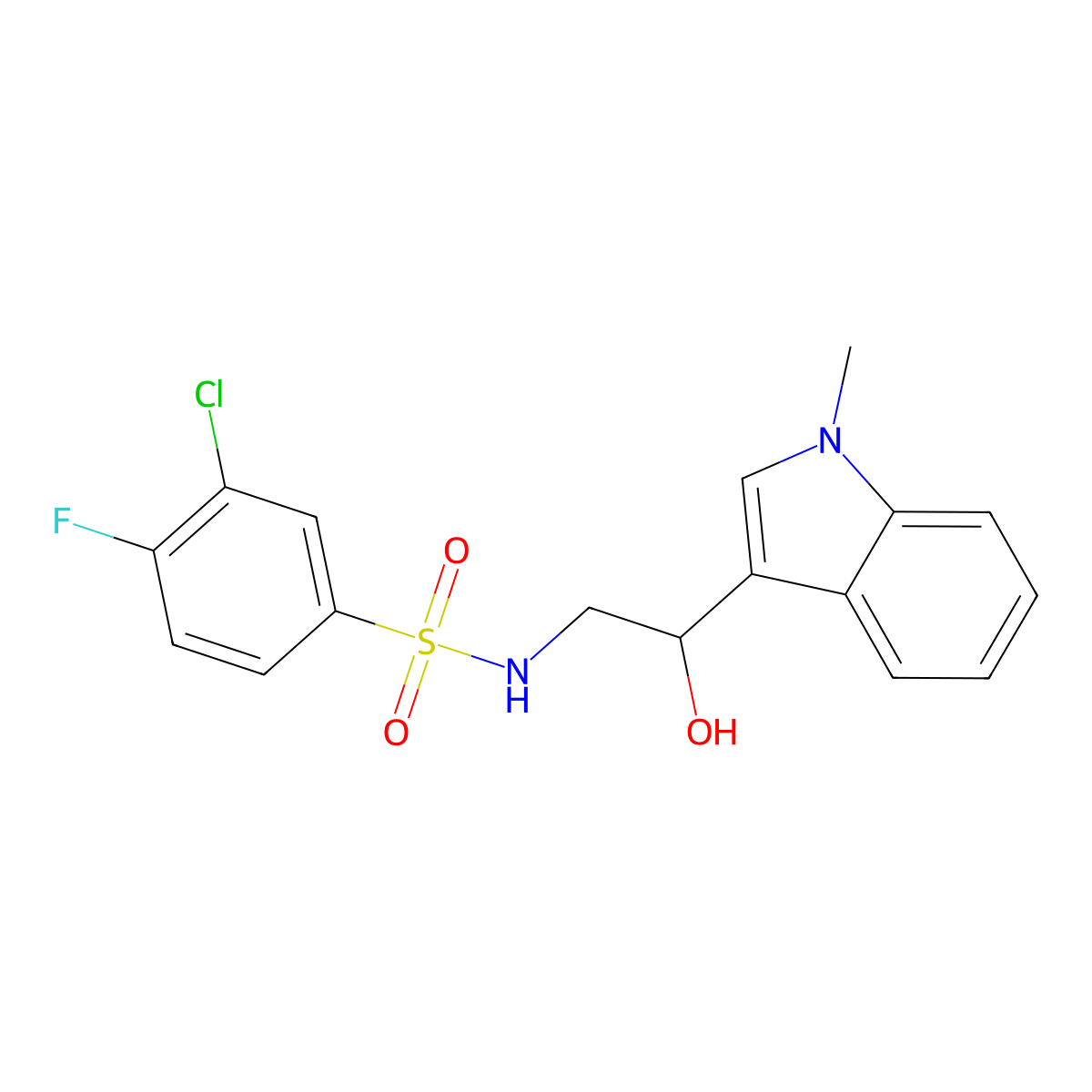 3-chloro-4-fluoro-N-(2-hydroxy-2-(1-methyl-1H-indol-3-yl)ethyl)benzenesulfonamide molecular structure, CAS 1448071-78-0